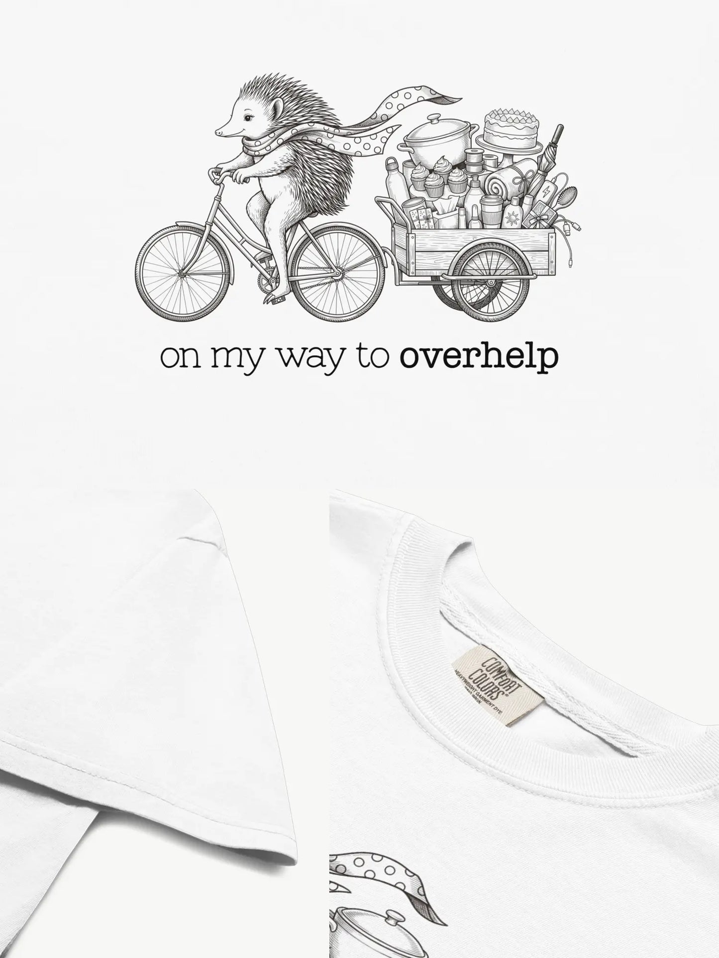 Close-up details of the Over-helping Echidna Tee in white showing print texture, folded view, and collar