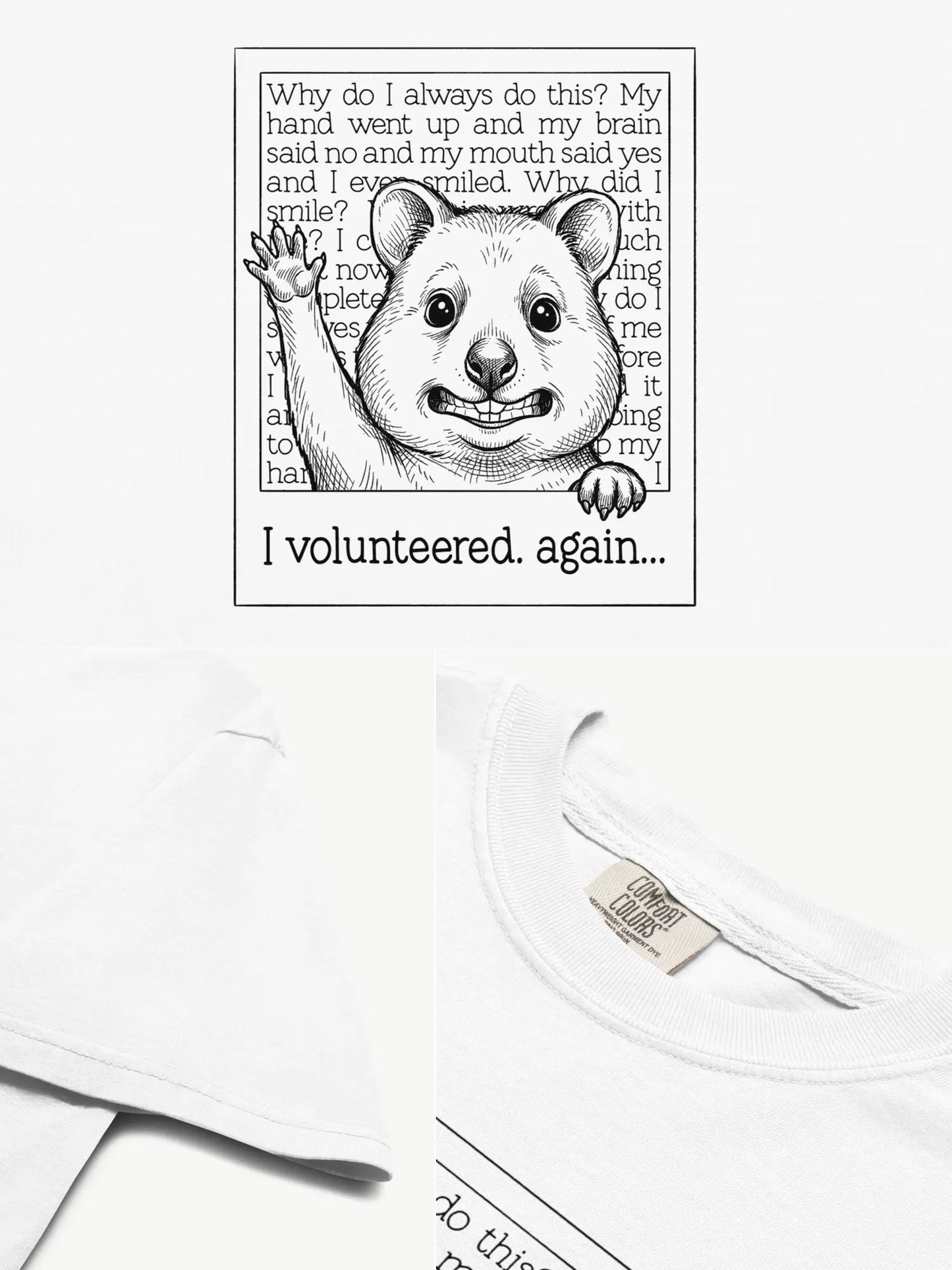Close-up details of the Faffle & Co Quokka Volunteer Tee in white