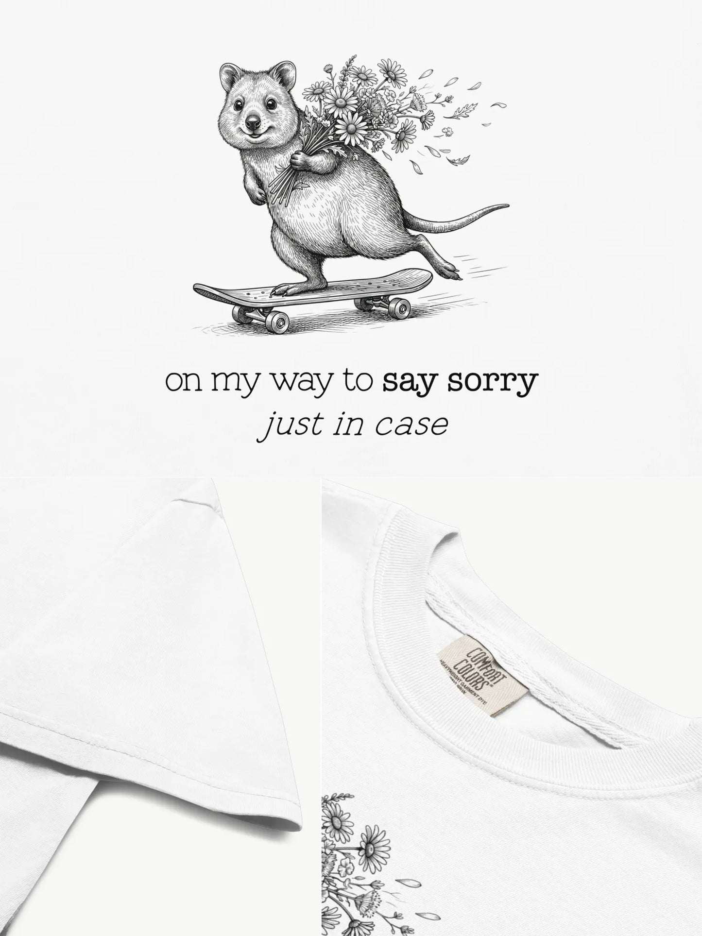 Close-up details of The Sorry Quokka t-shirt in white showing print texture, folded view, and collar