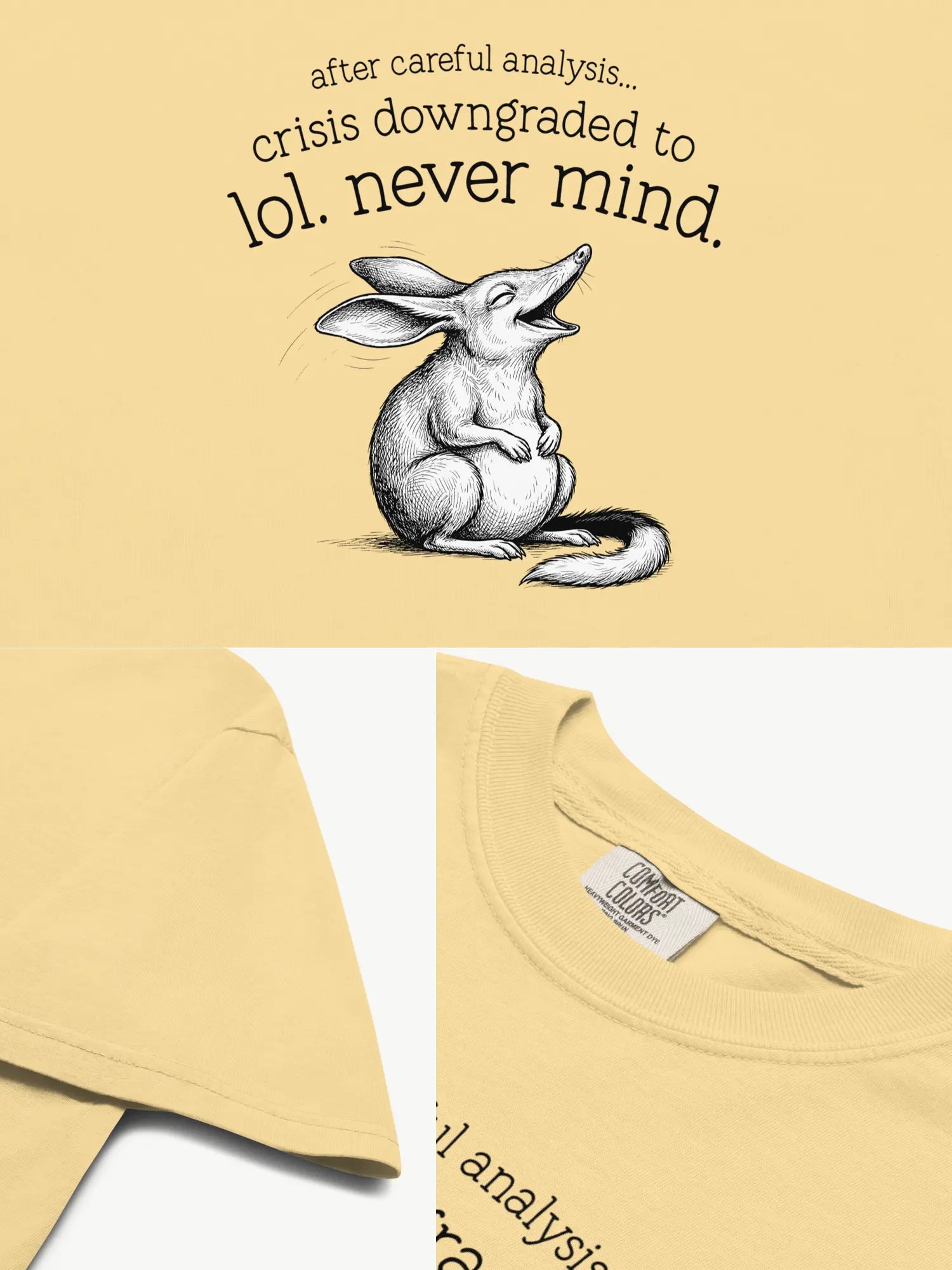 Close-up details of the Faffle & Co Bilby Crisis Tee in butter