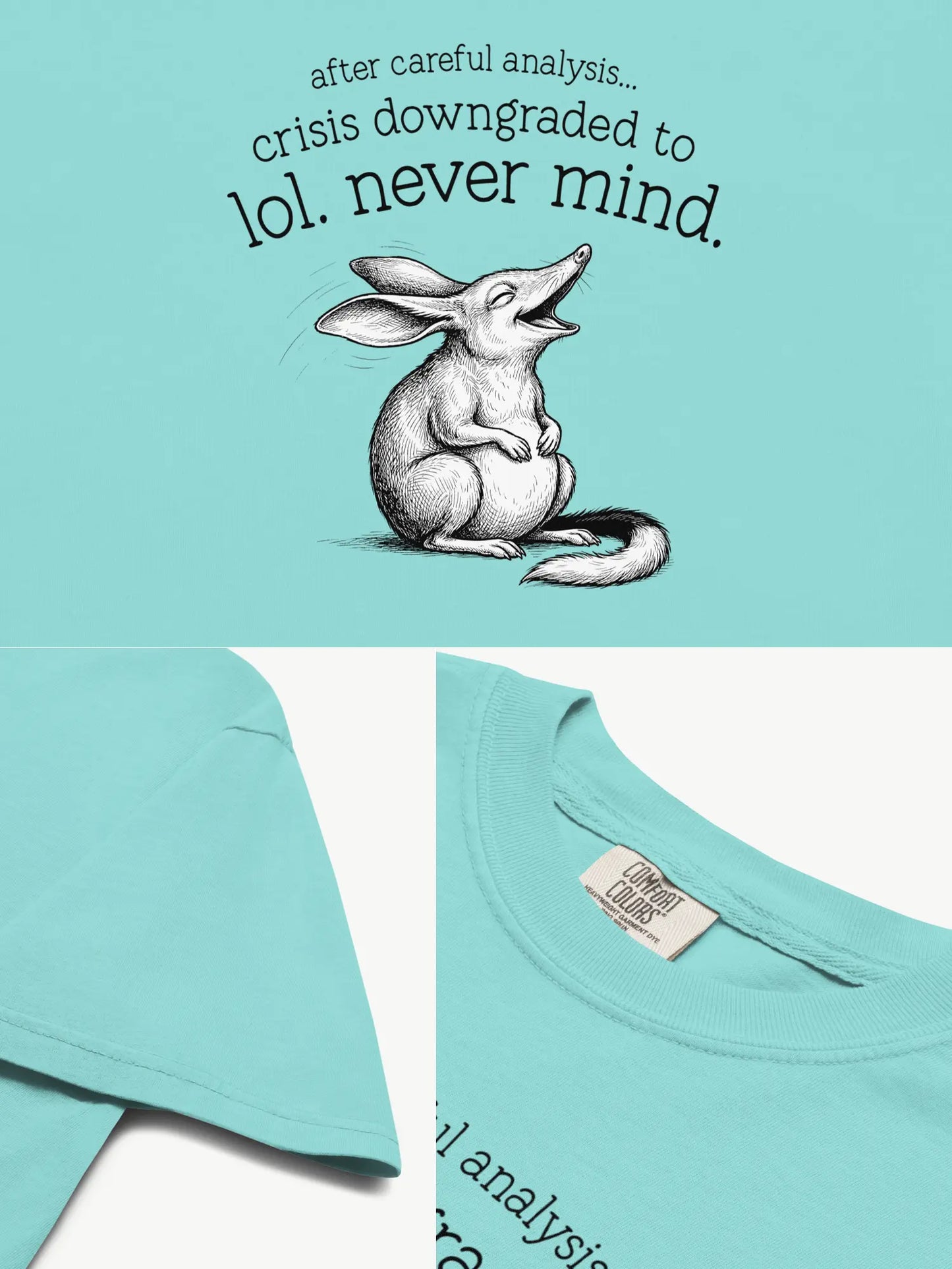 Close-up details of the Faffle & Co Bilby Crisis Tee in lagoon blue