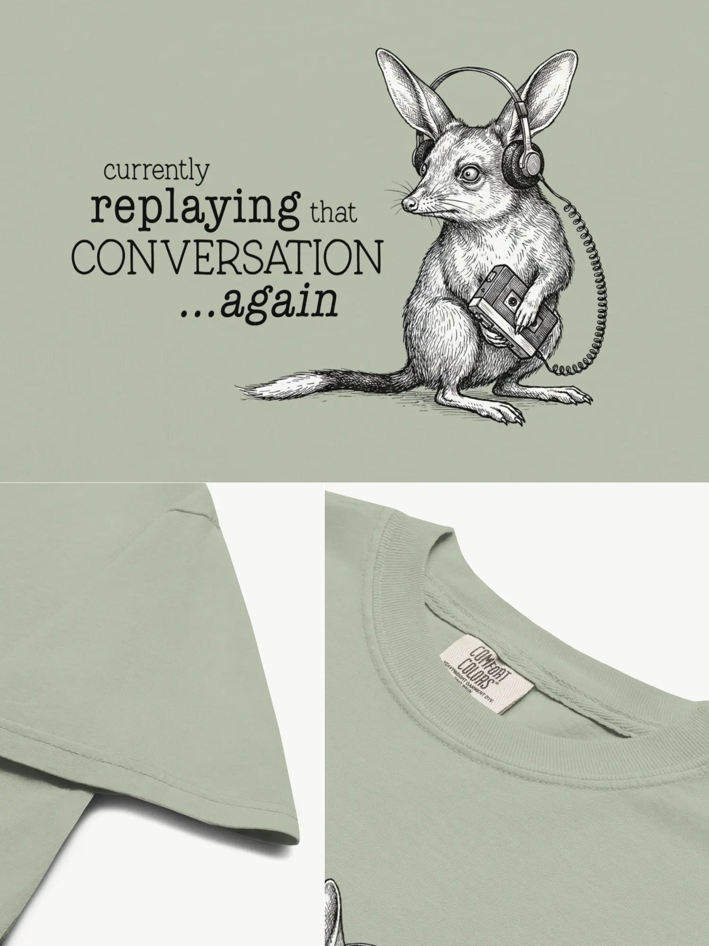 Close-up details of the Faffle & Co Bilby on Replay Tee in bay