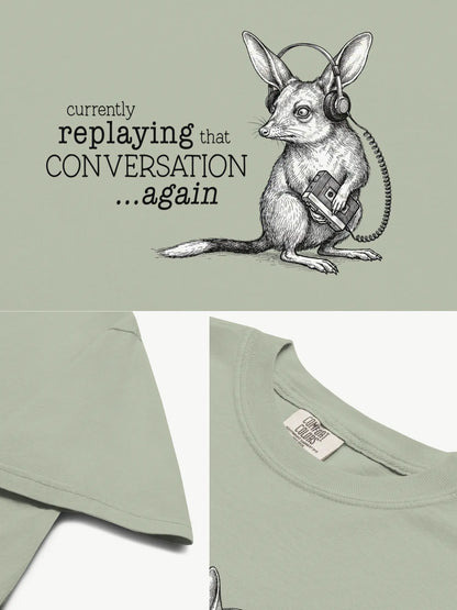 Close-up details of the Faffle & Co Bilby on Replay Tee in bay