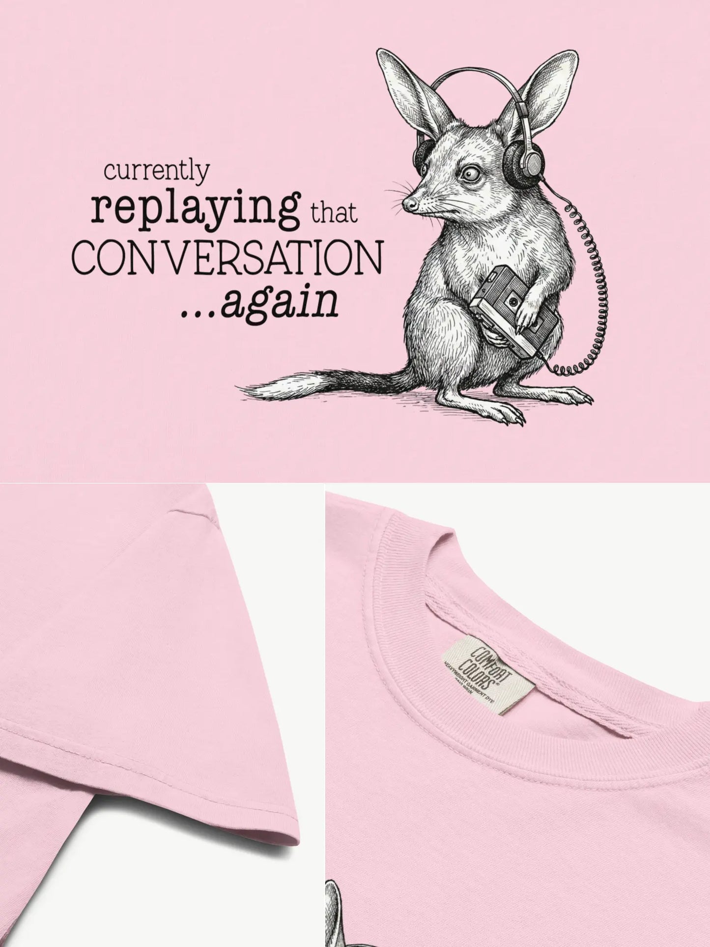 Close-up details of the Faffle & Co Bilby on Replay Tee in blossom