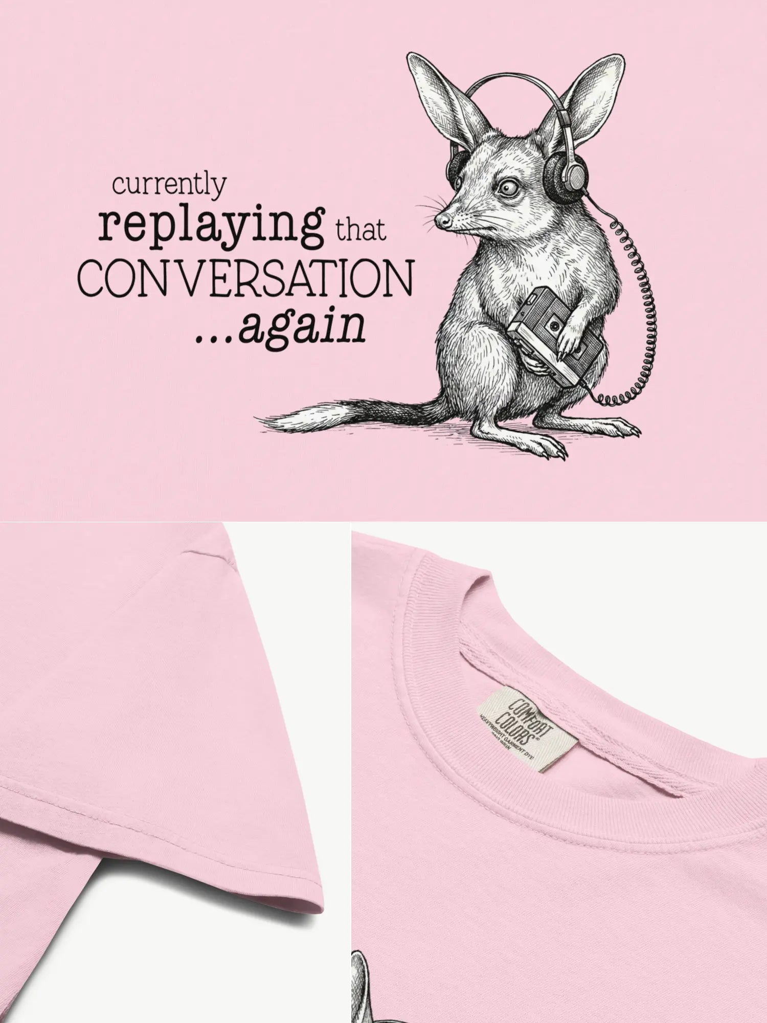 Close-up details of the Faffle & Co Bilby on Replay Tee in blossom