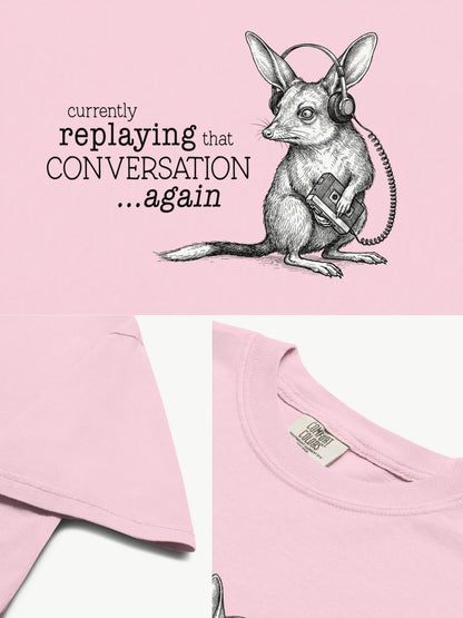 Close-up details of the Faffle & Co Bilby on Replay Tee in blossom