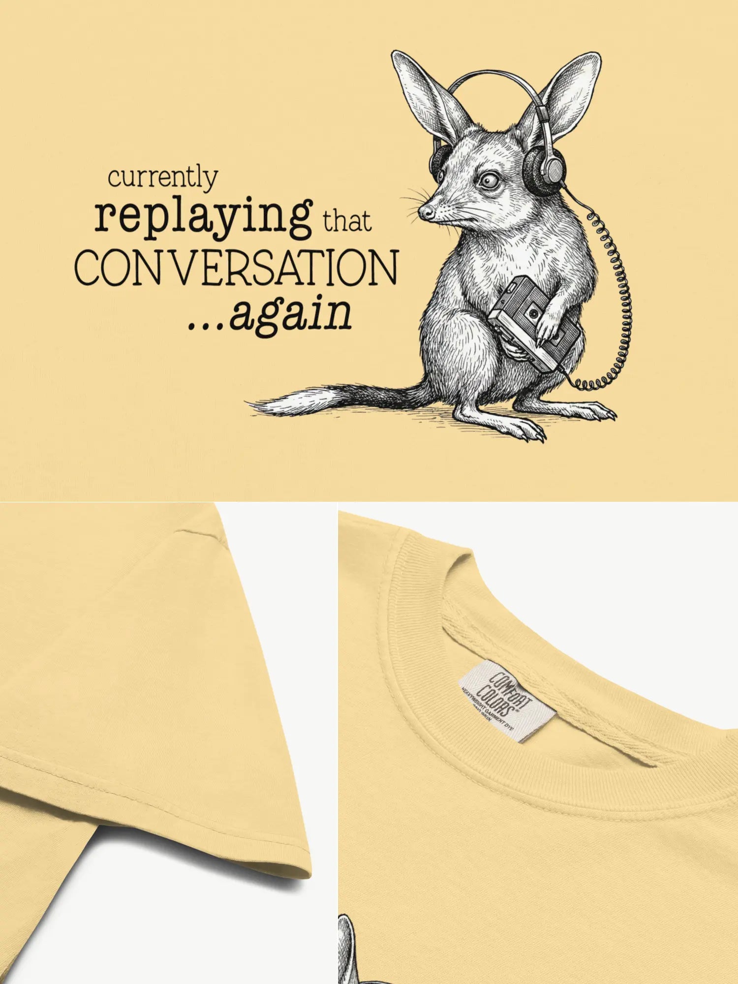 Close-up details of the Faffle & Co Bilby on Replay Tee in butter