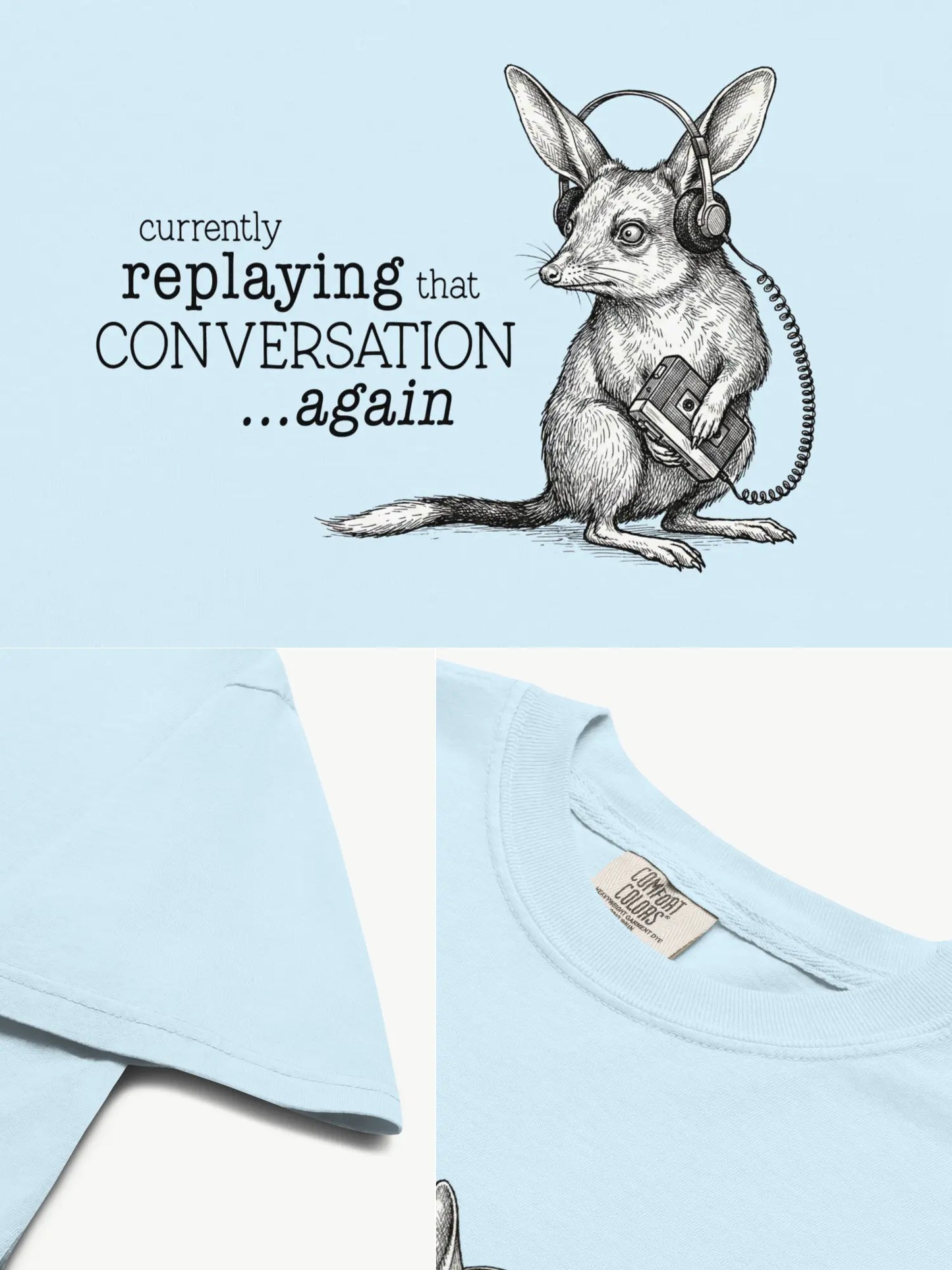 Close-up details of the Faffle & Co Bilby on Replay Tee in chambray
