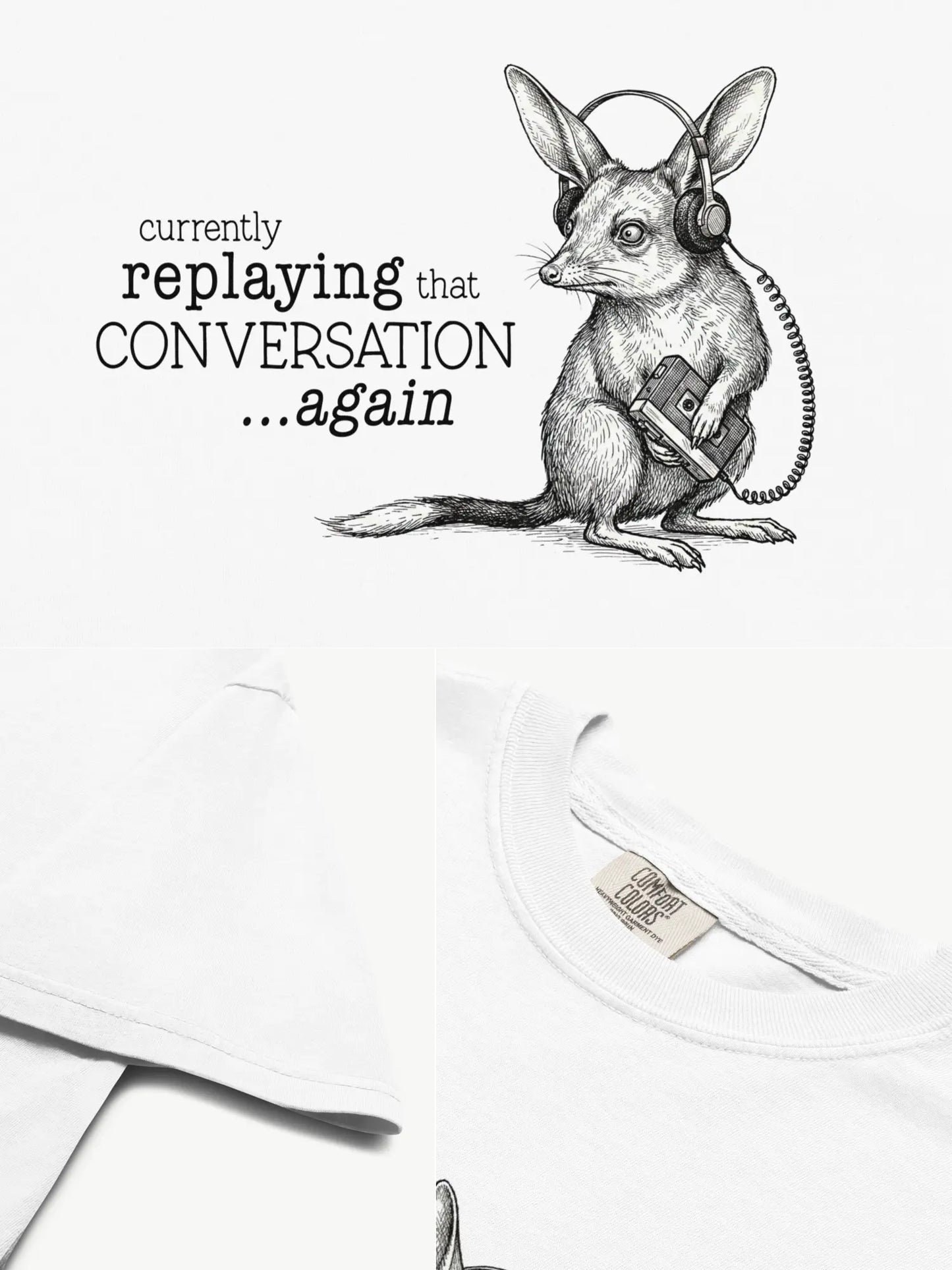 Close-up details of the Faffle & Co Bilby on Replay Tee in white