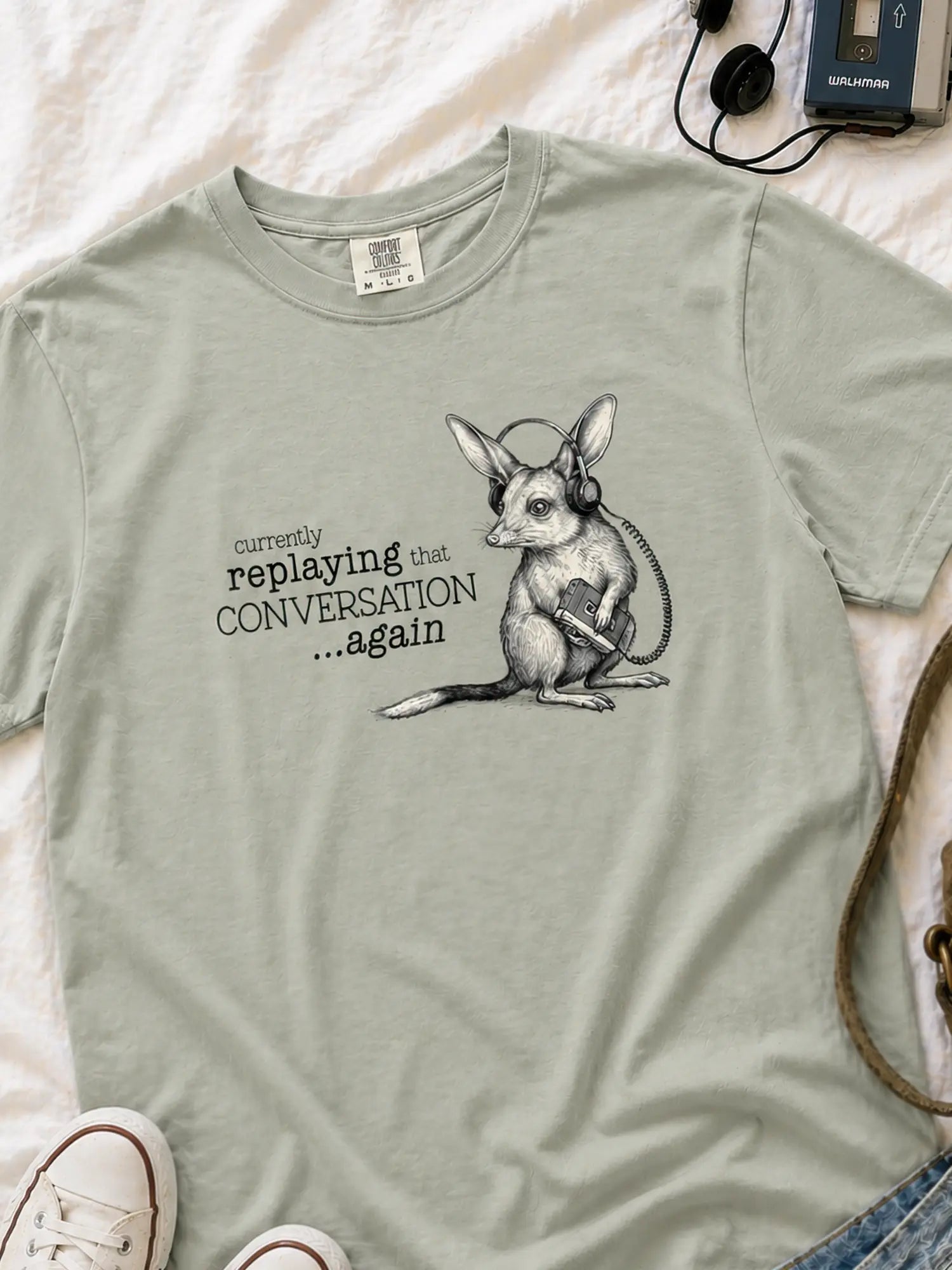 Faffle & Co Bilby on Replay Tee in bay styled flat lay