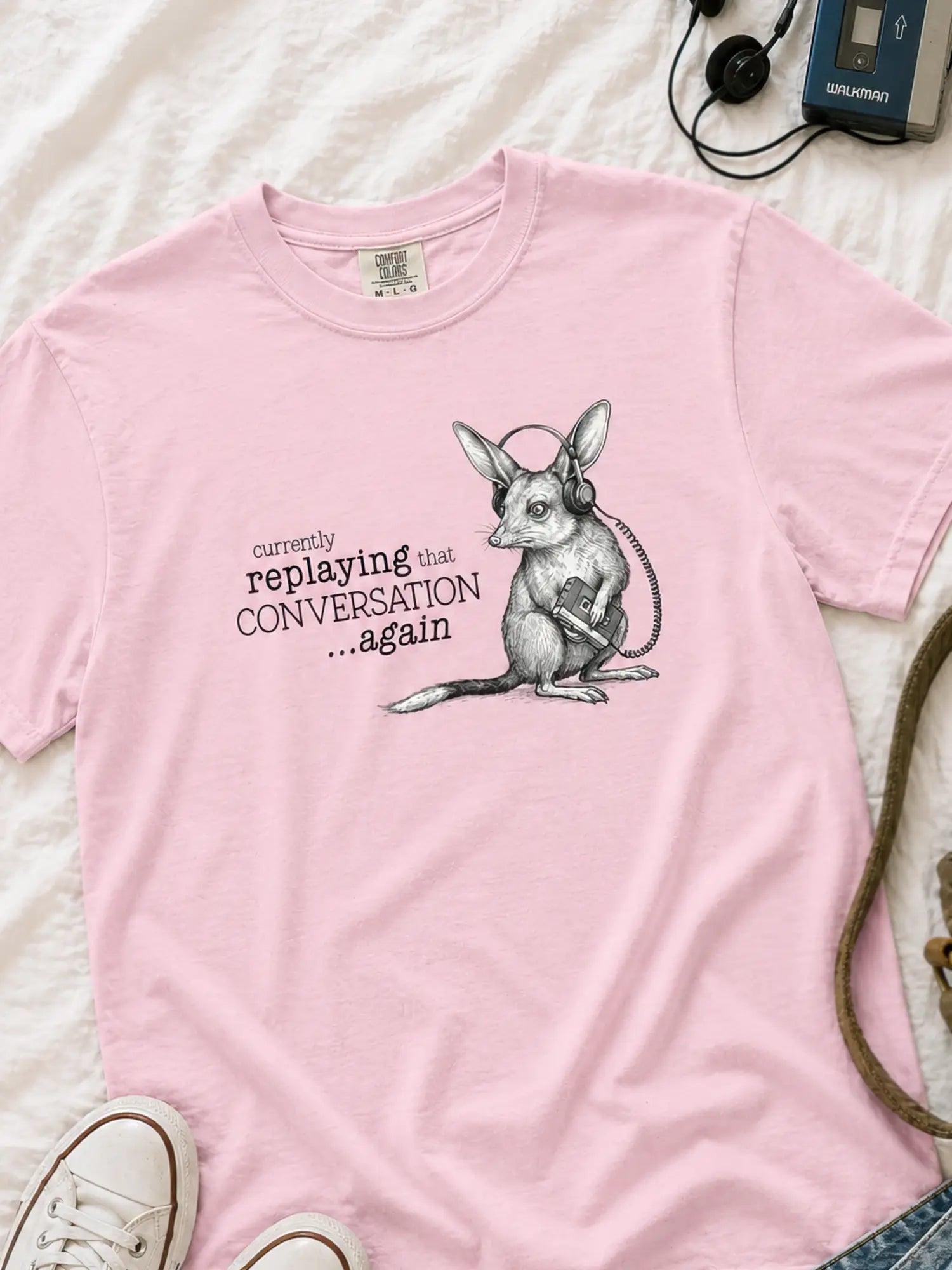 Faffle & Co Bilby on Replay Tee in blossom styled flat lay