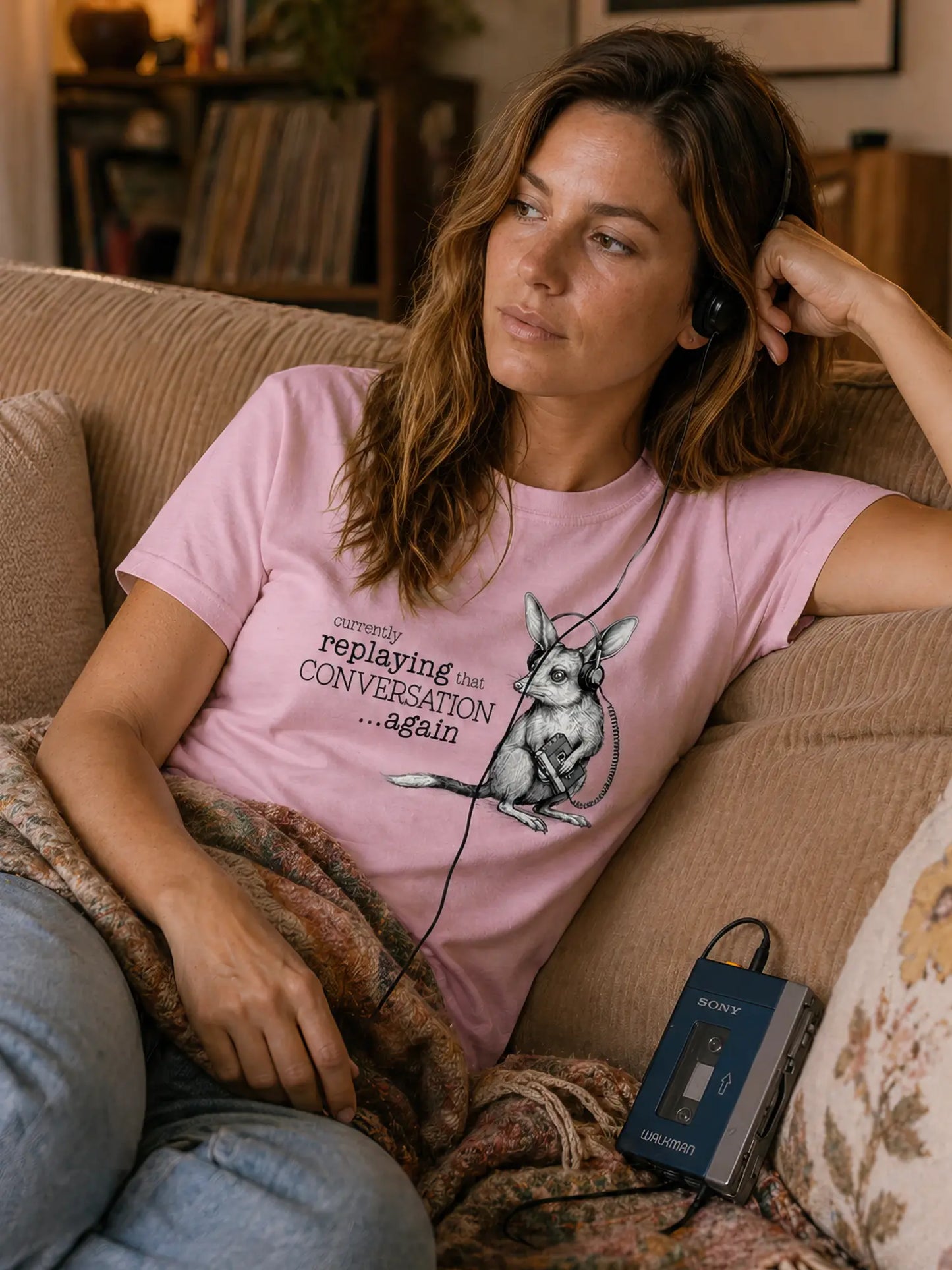 Person wearing the Faffle & Co Bilby on Replay Tee in blossom