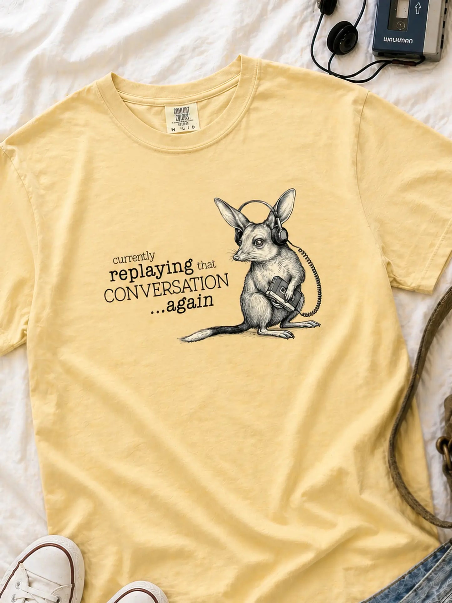 Faffle & Co Bilby on Replay Tee in butter styled flat lay