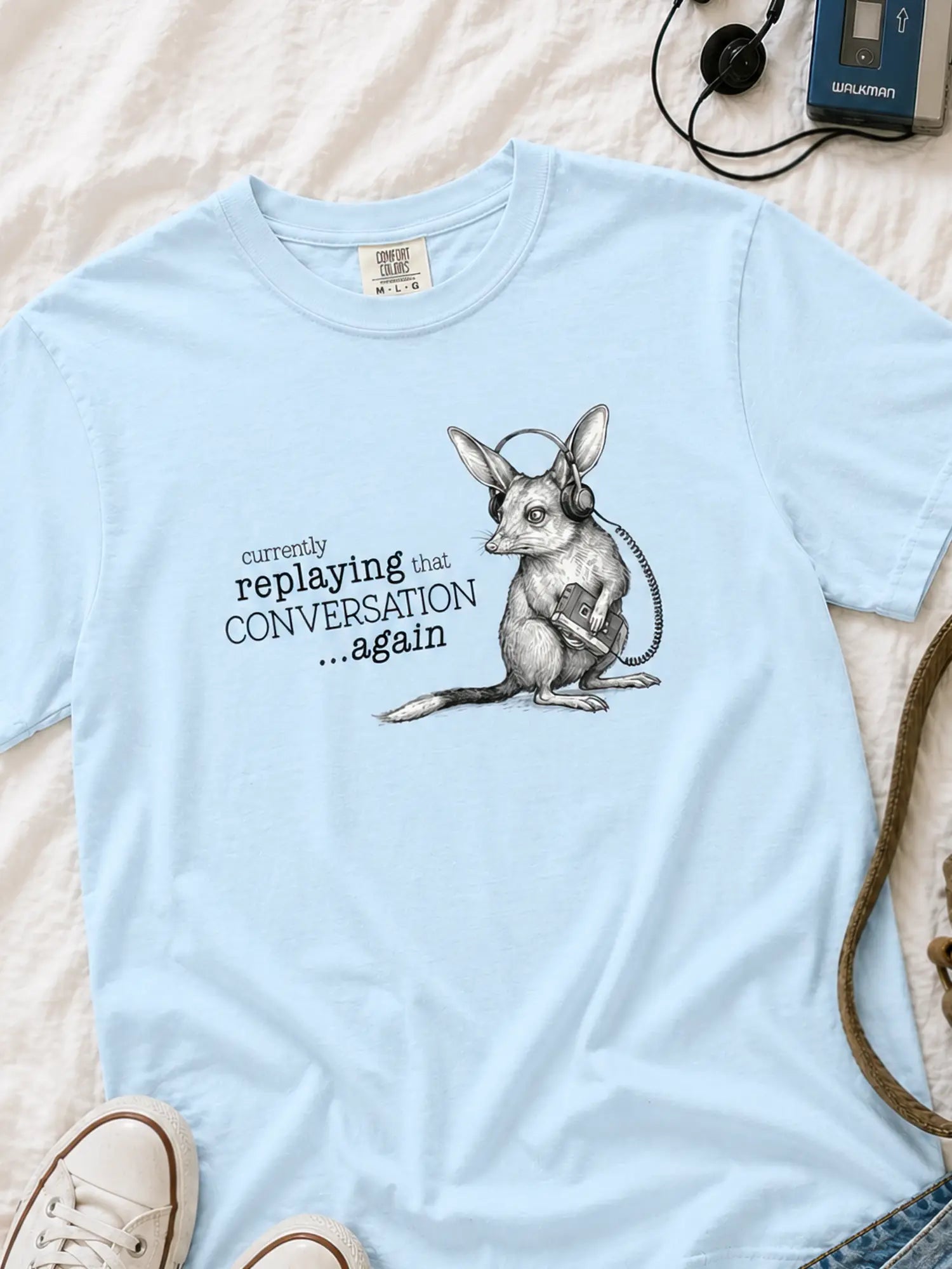 Faffle & Co Bilby on Replay Tee in chambray styled flat lay