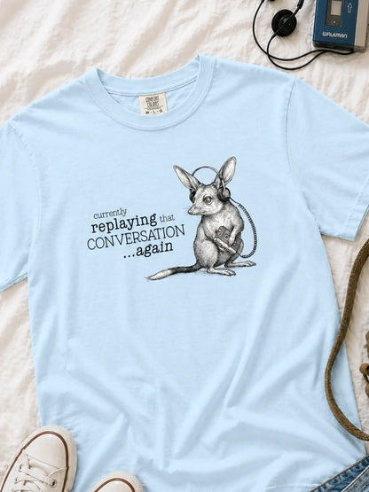 Faffle & Co Bilby on Replay Tee in chambray styled flat lay