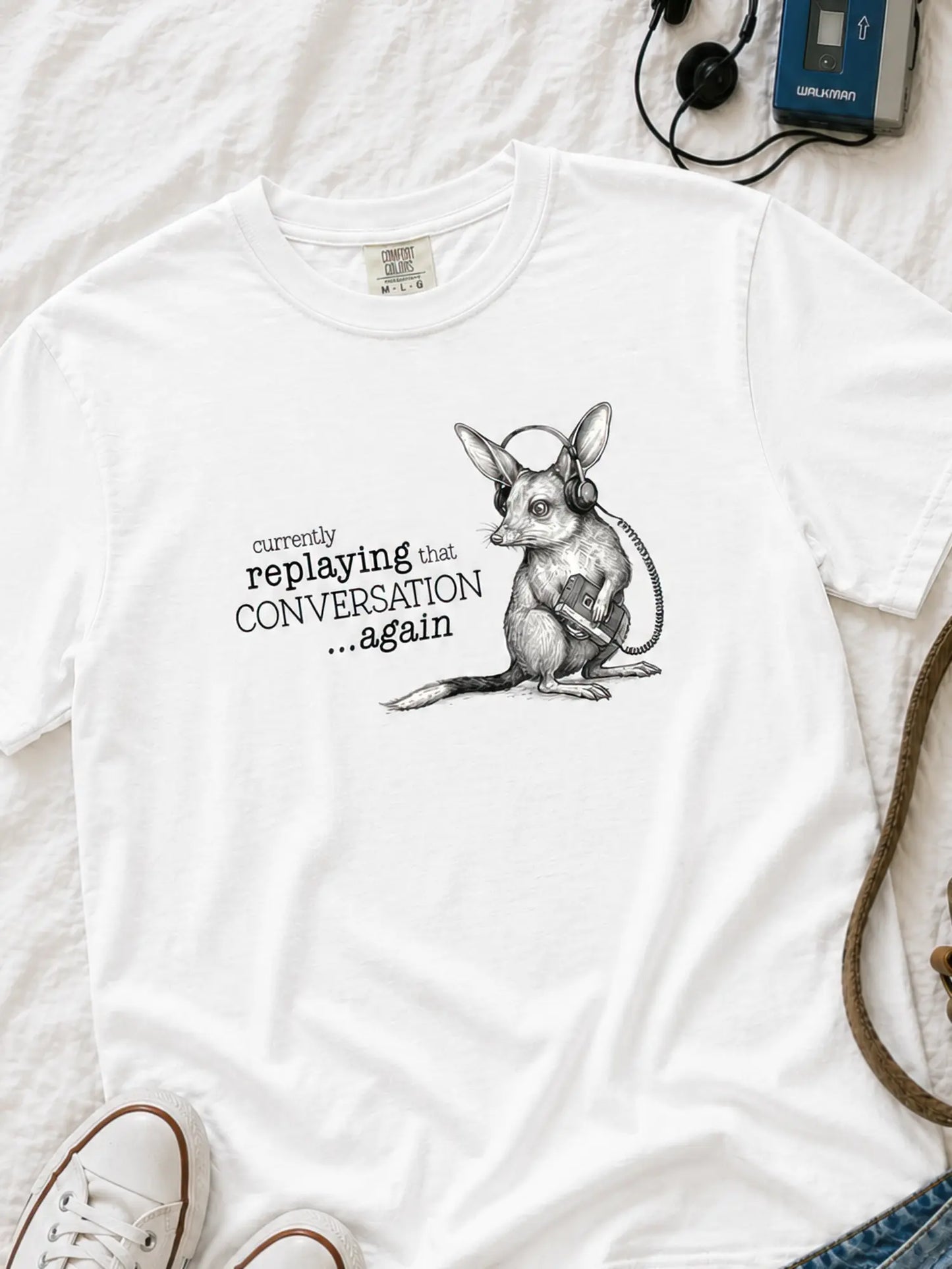 Faffle & Co Bilby on Replay Tee in white styled flat lay