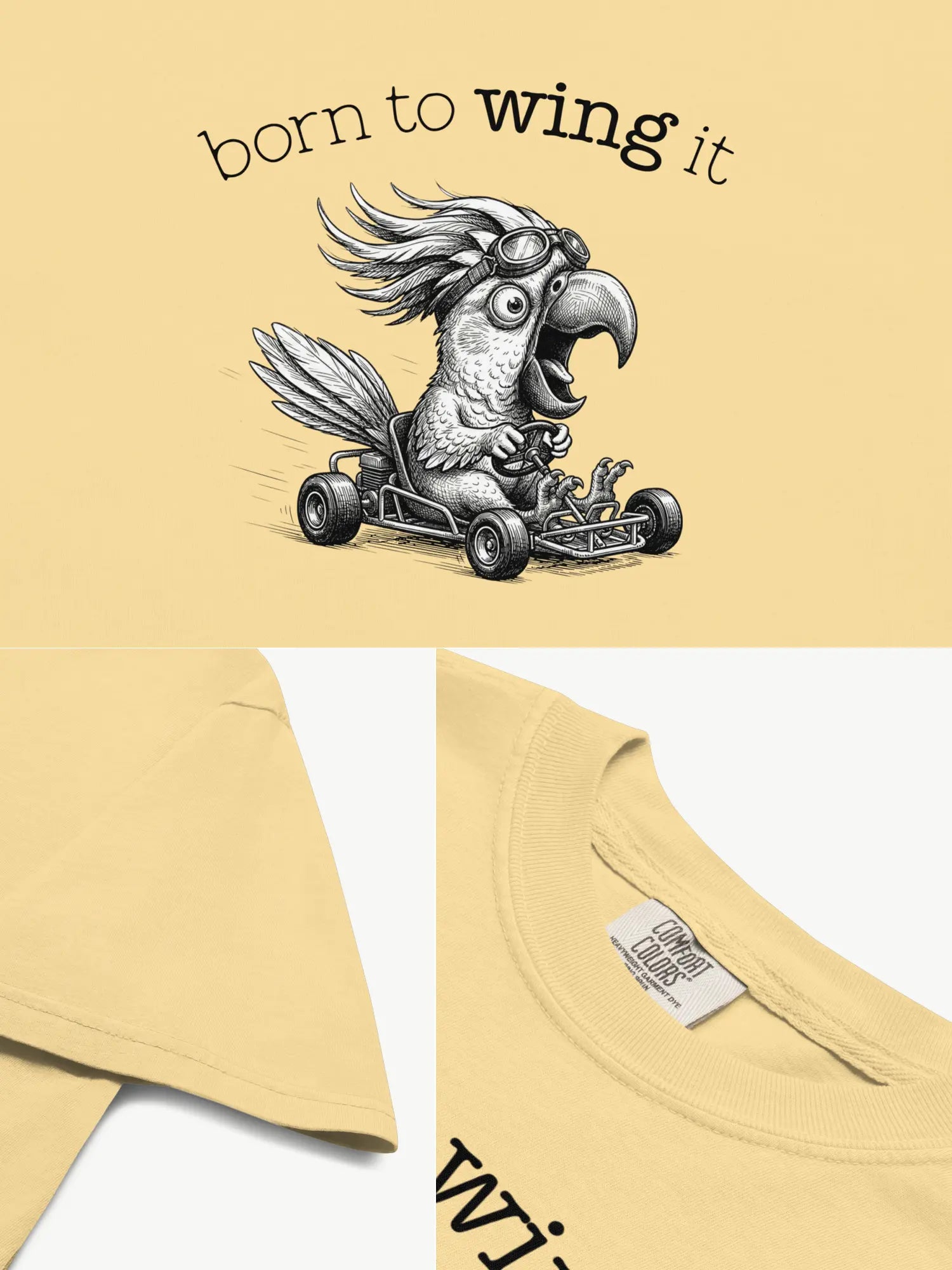 Close-up details of the Born to Wing It cockatoo t-shirt in butter showing print texture, folded view, and collar