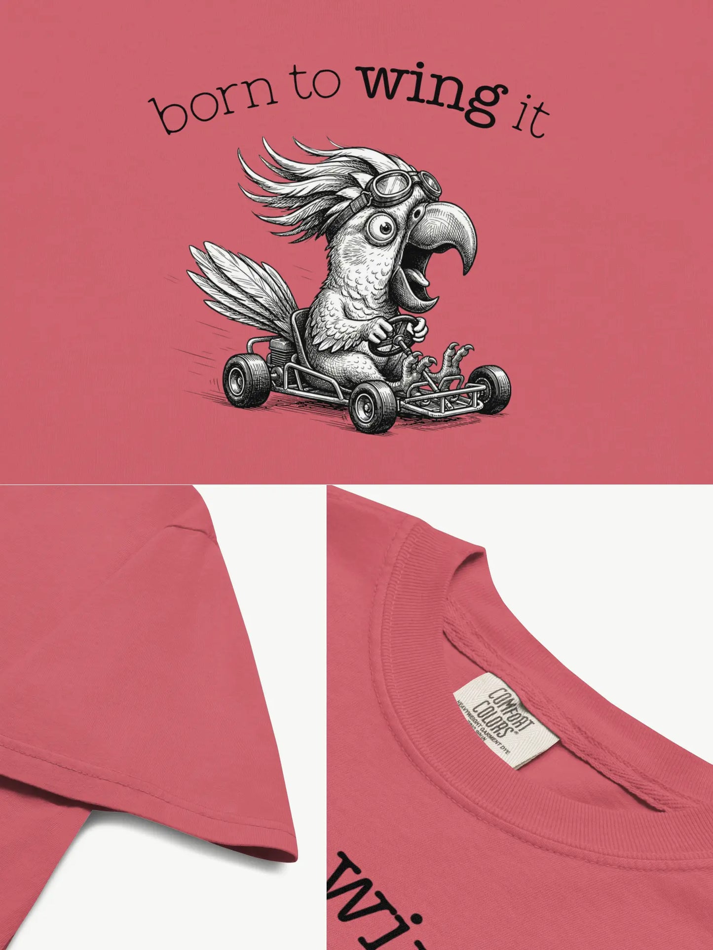 Close-up details of the Born to Wing It cockatoo t-shirt in watermelon showing print texture, folded view, and collar