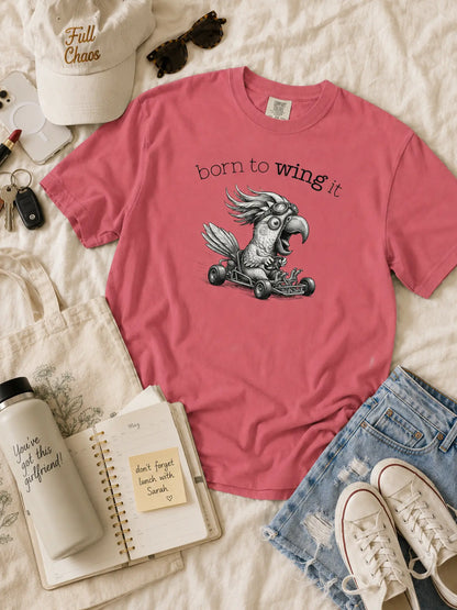 Born to Wing It cockatoo t-shirt in watermelon styled flat lay