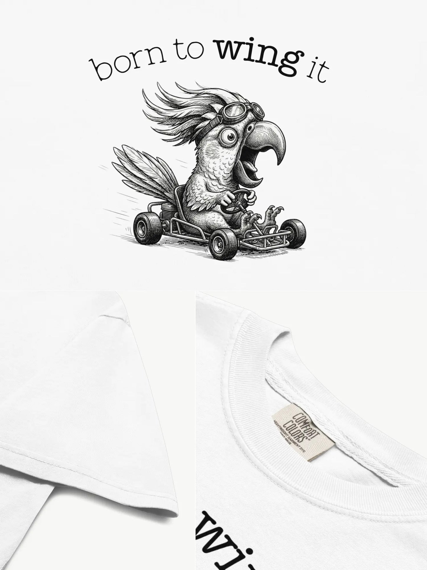 Close-up details of the Born to Wing It cockatoo t-shirt in white showing print texture, folded view, and collar