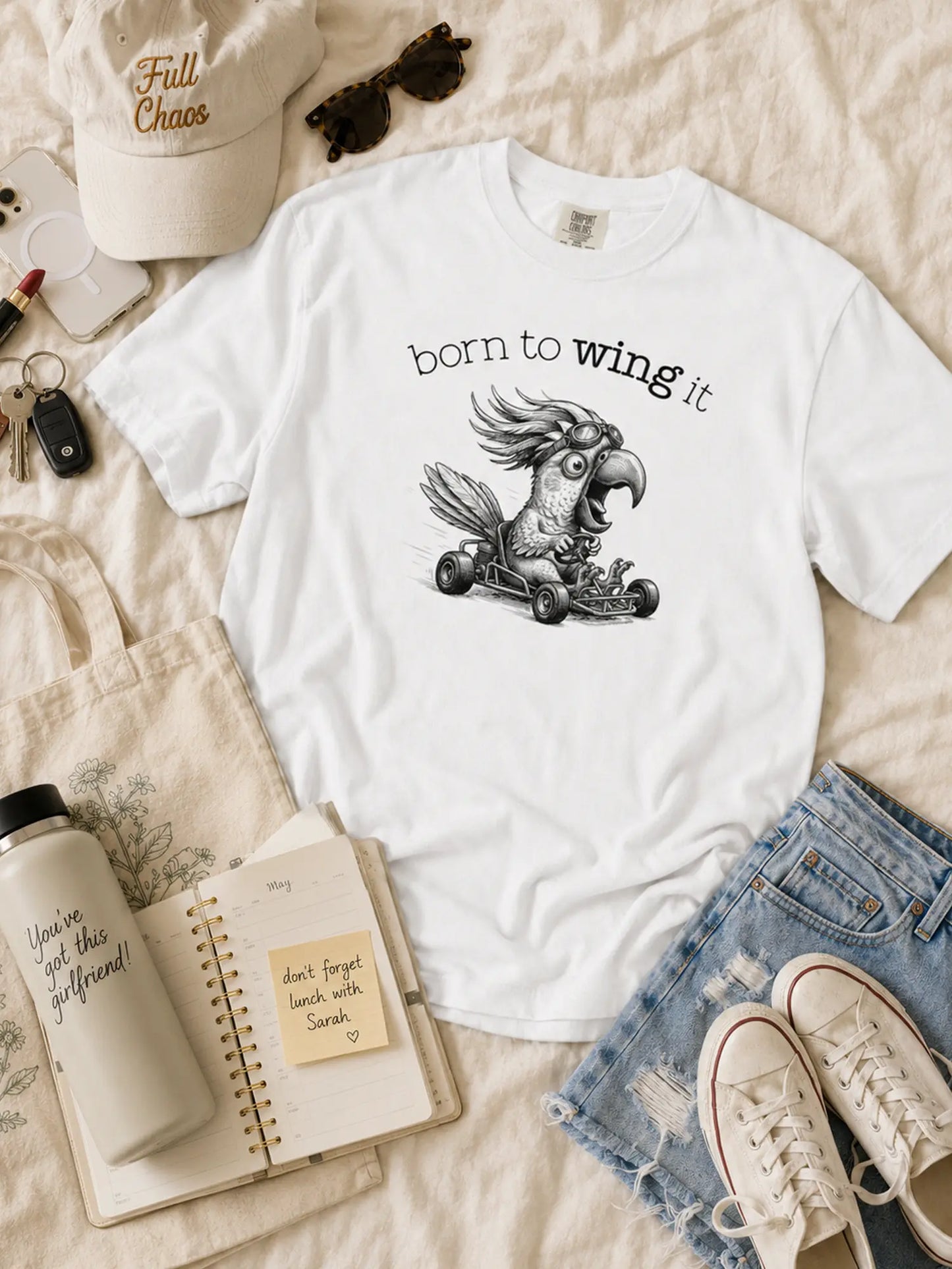 Born to Wing It cockatoo t-shirt in white styled flat lay