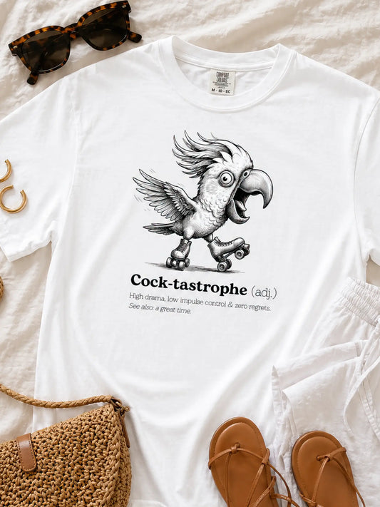 Faffle & Co Cock-tastrophe Tee in white styled flat lay
