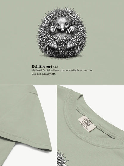Close-up details of The Echitrovert t-shirt in bay showing print texture, folded view, and collar