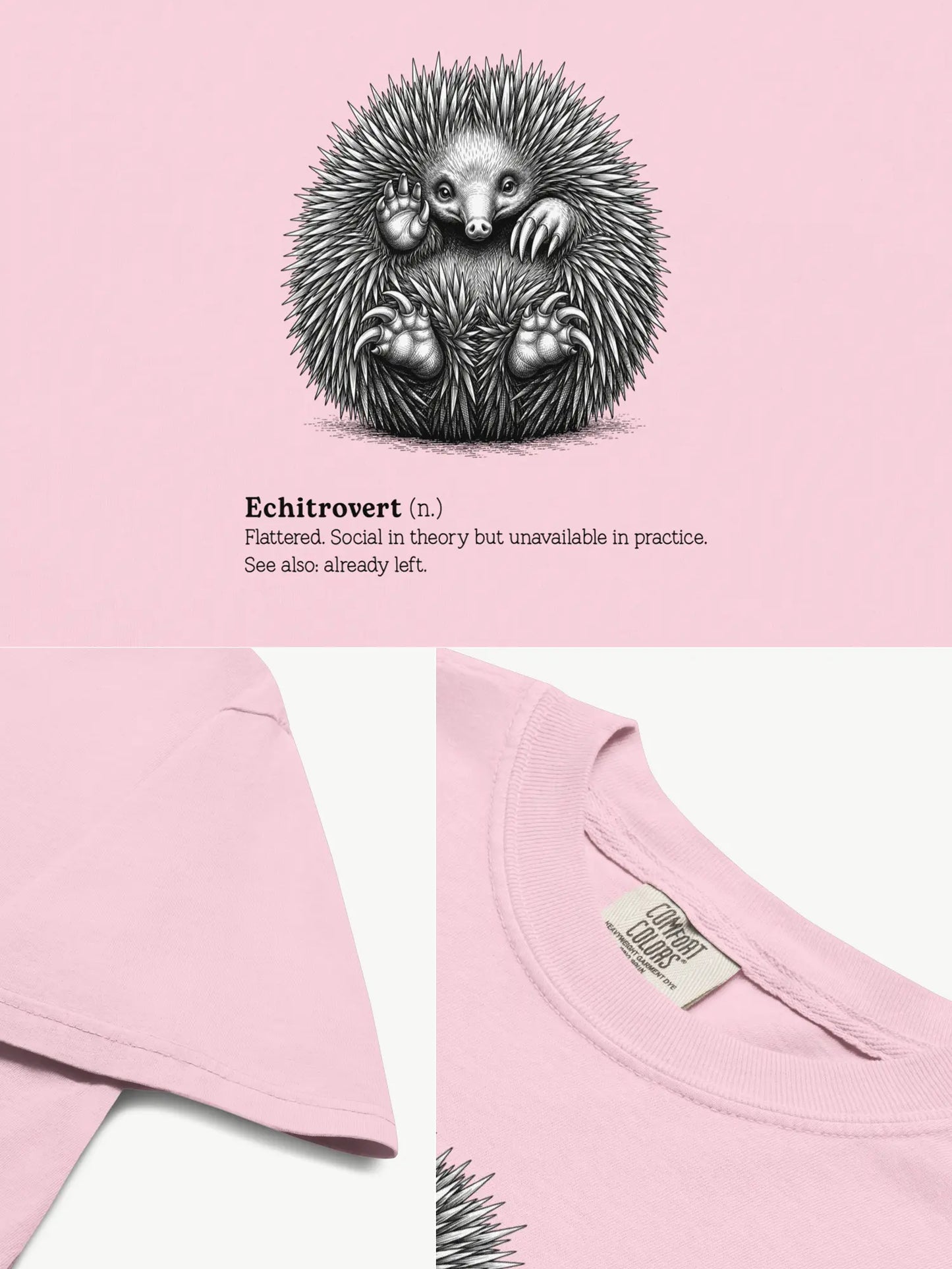 Close-up details of The Echitrovert t-shirt in blossom showing print texture, folded view, and collar