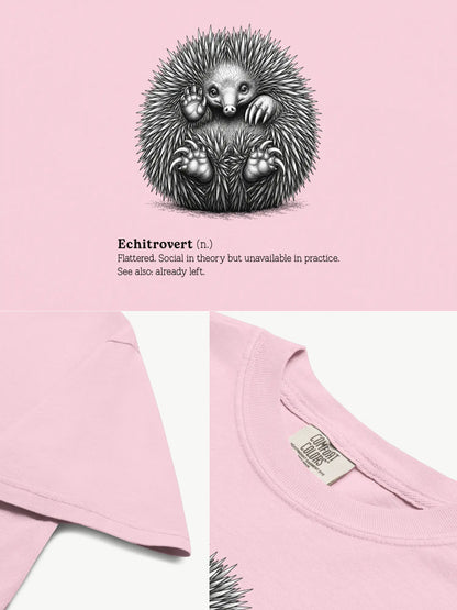 Close-up details of The Echitrovert t-shirt in blossom showing print texture, folded view, and collar