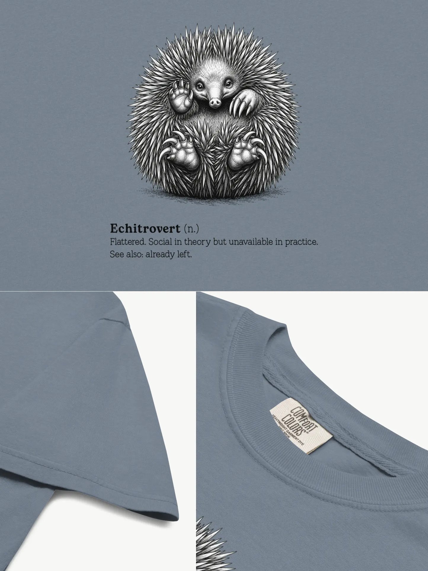 Close-up details of The Echitrovert t-shirt in blue jean showing print texture, folded view, and collar