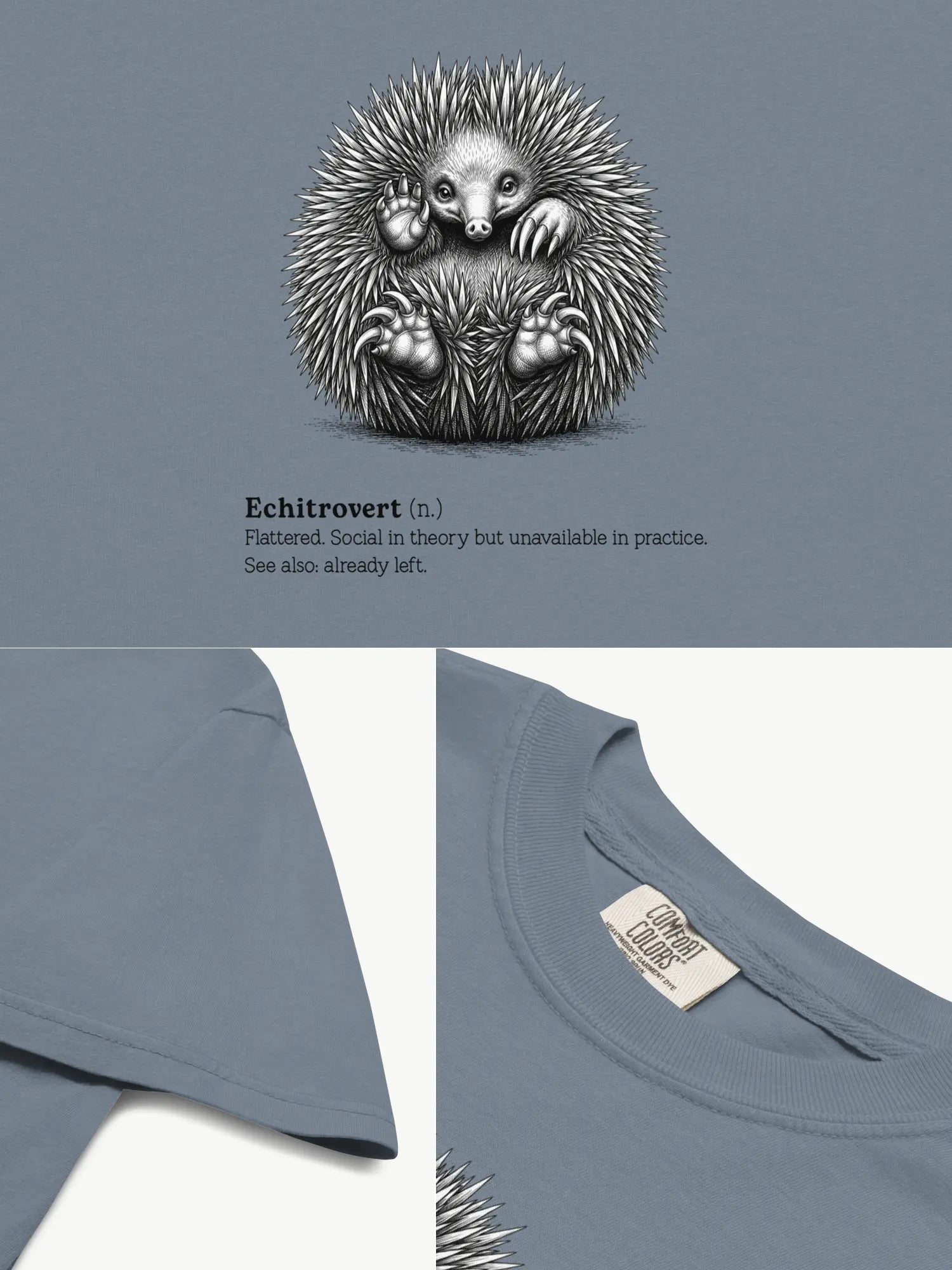 Close-up details of The Echitrovert t-shirt in blue jean showing print texture, folded view, and collar