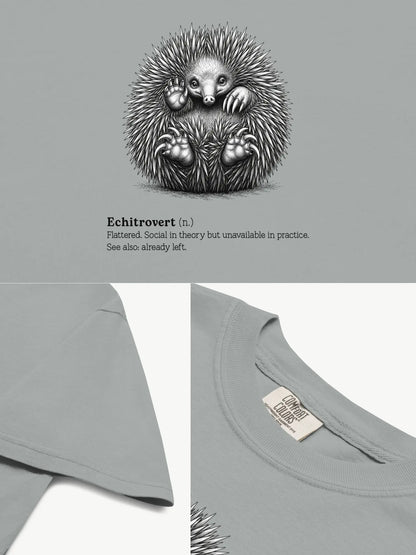 Close-up details of The Echitrovert t-shirt in granite showing print texture, folded view, and collar