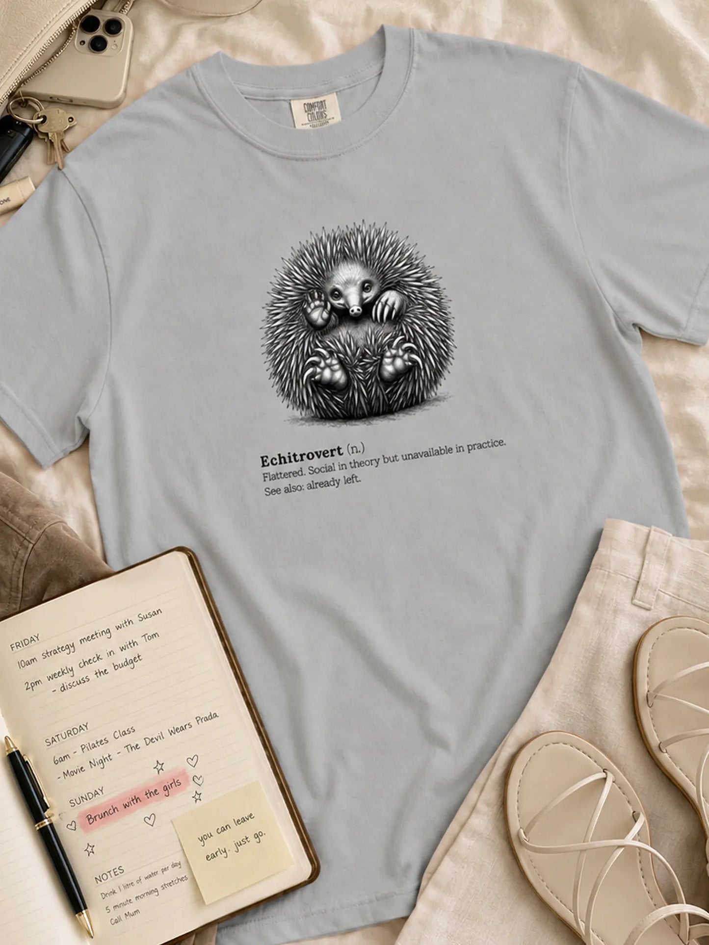 The Echitrovert t-shirt in granite styled flat lay
