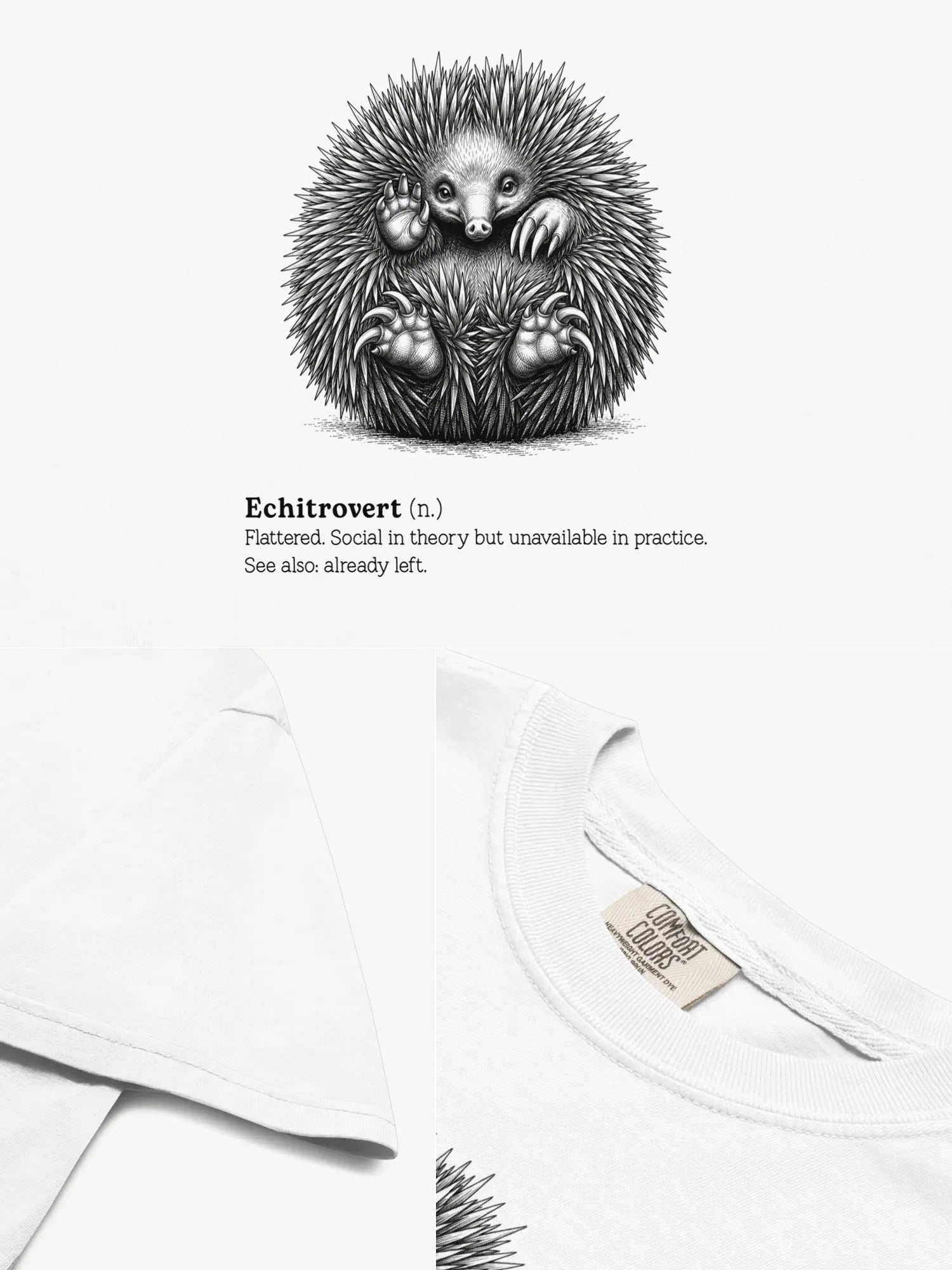 Close-up details of The Echitrovert t-shirt in white showing print texture, folded view, and collar