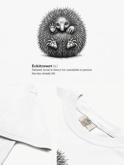 Close-up details of The Echitrovert t-shirt in white showing print texture, folded view, and collar
