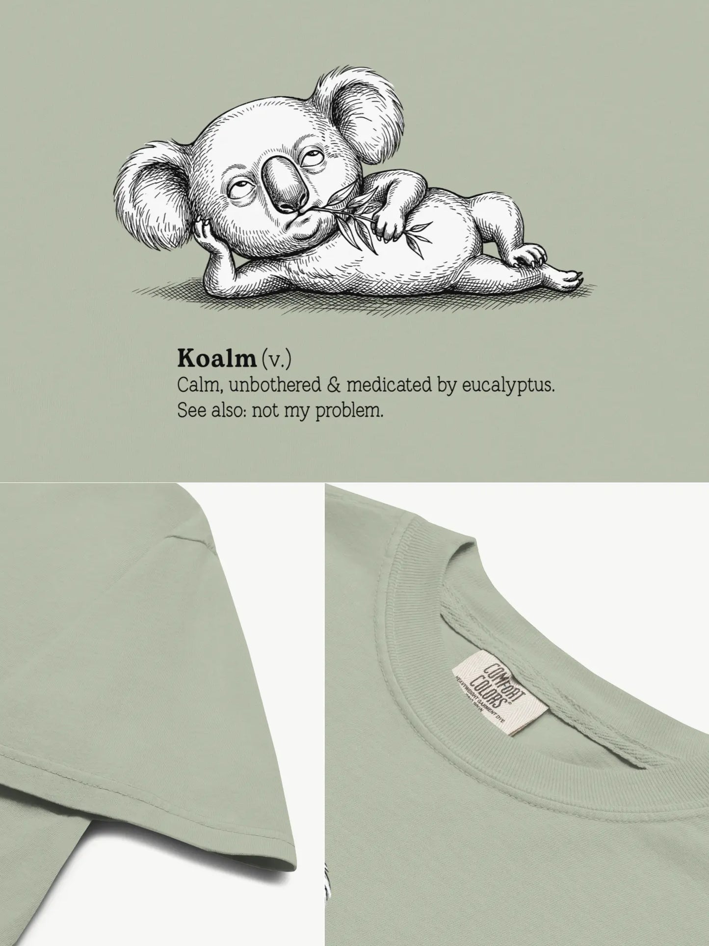 Close-up details of the Faffle & Co Koalm Tee in bay