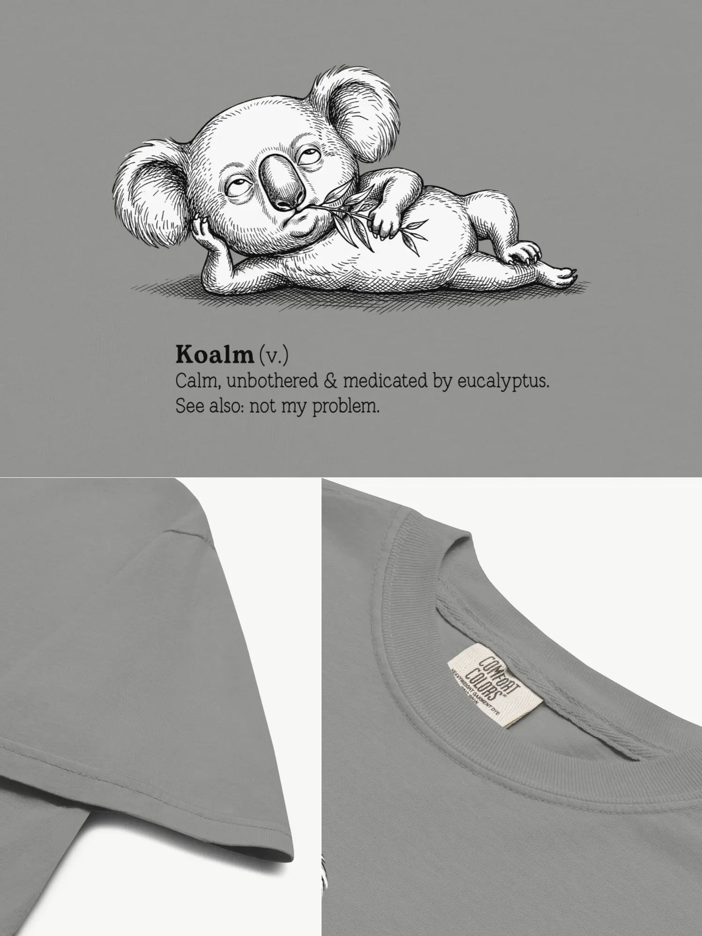 Close-up details of the Faffle & Co Koalm Tee in grey