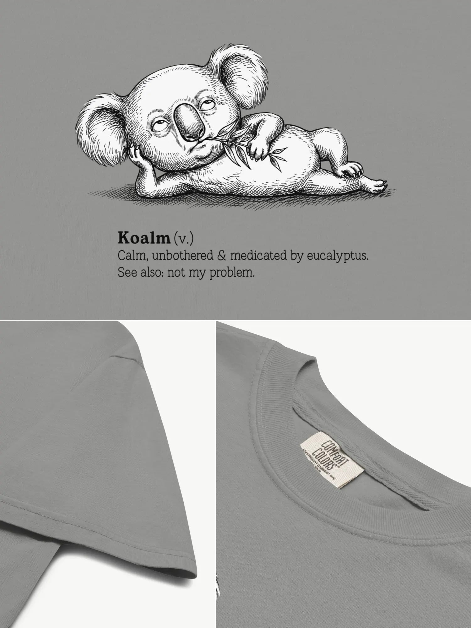 Close-up details of the Faffle & Co Koalm Tee in grey