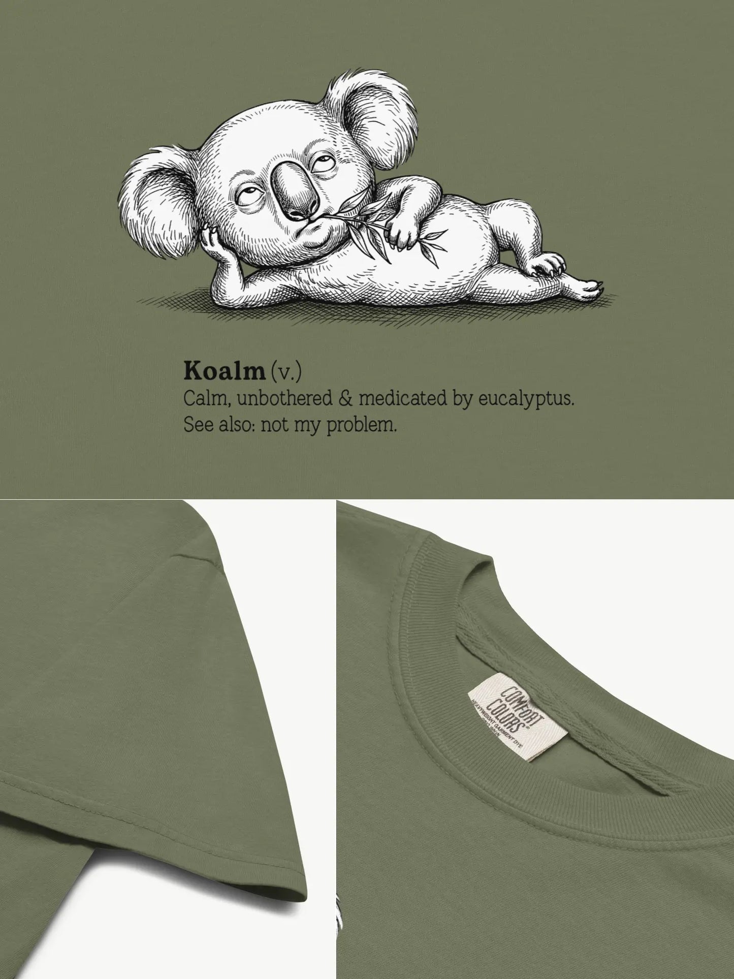 Close-up details of the Faffle & Co Koalm Tee in moss