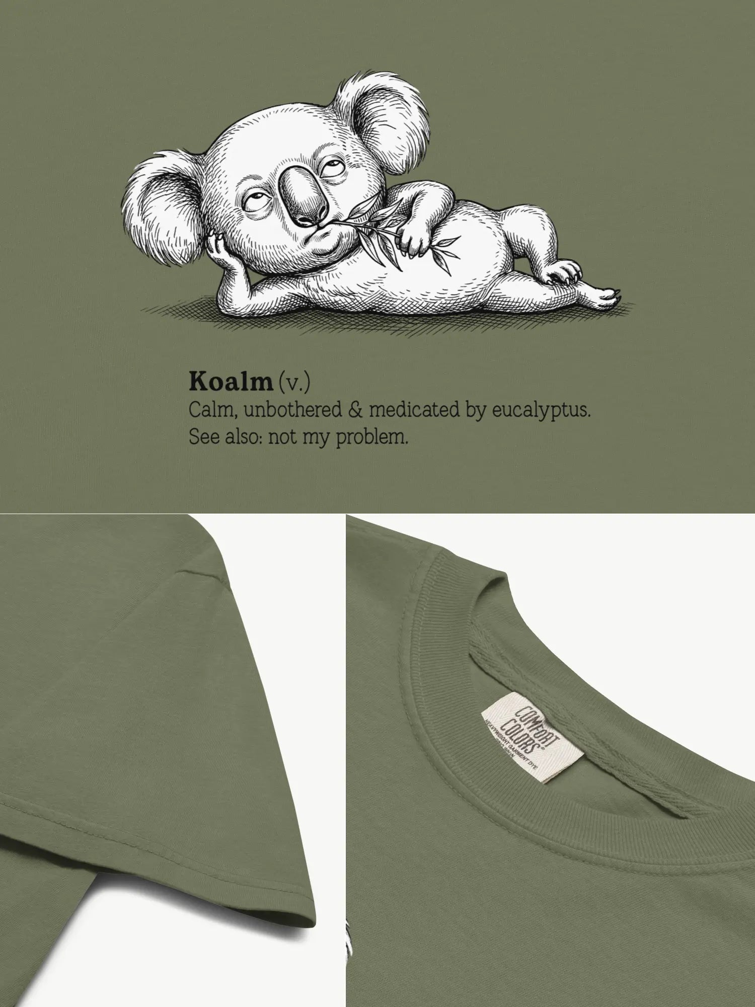 Close-up details of the Faffle & Co Koalm Tee in moss
