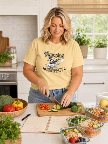 Person wearing the Just Swooping In magpie t-shirt in butter