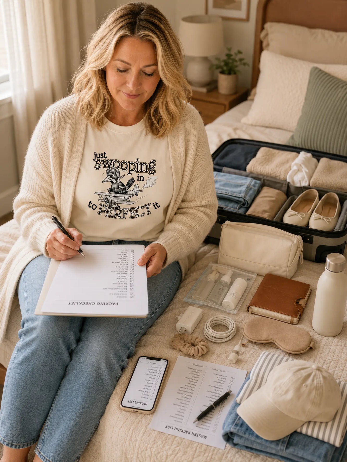 Person wearing the Just Swooping In magpie t-shirt in ivory