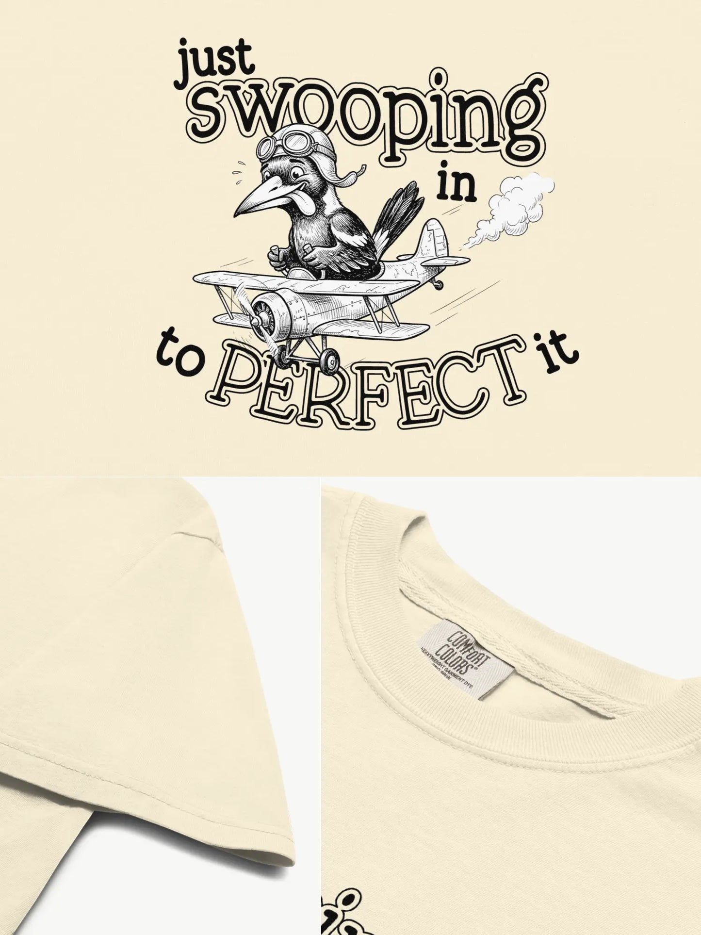 Close-up details of the Just Swooping In magpie t-shirt in ivory showing print texture, folded view, and collar