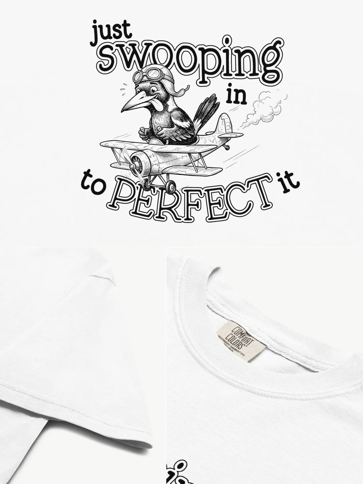 Close-up details of the Just Swooping In magpie t-shirt in white showing print texture, folded view, and collar