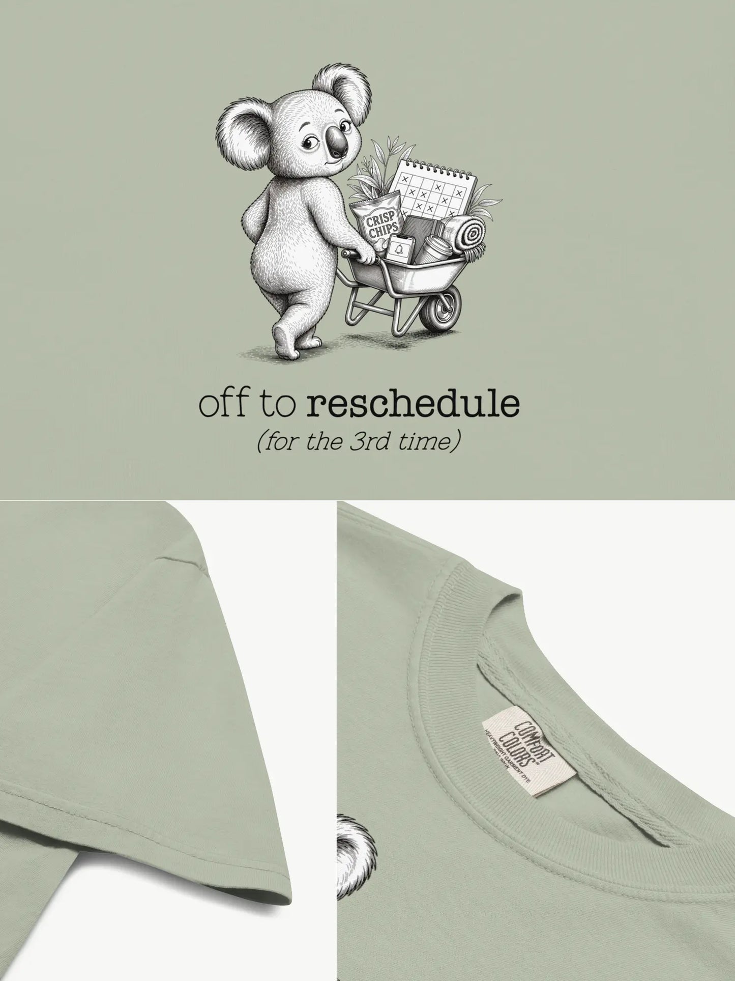 Close-up details of the Off to Reschedule koala t-shirt in bay showing print texture, folded view, and collar