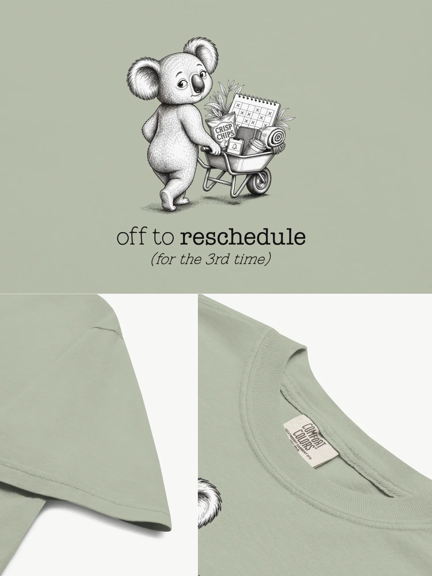 Close-up details of the Off to Reschedule koala t-shirt in bay showing print texture, folded view, and collar