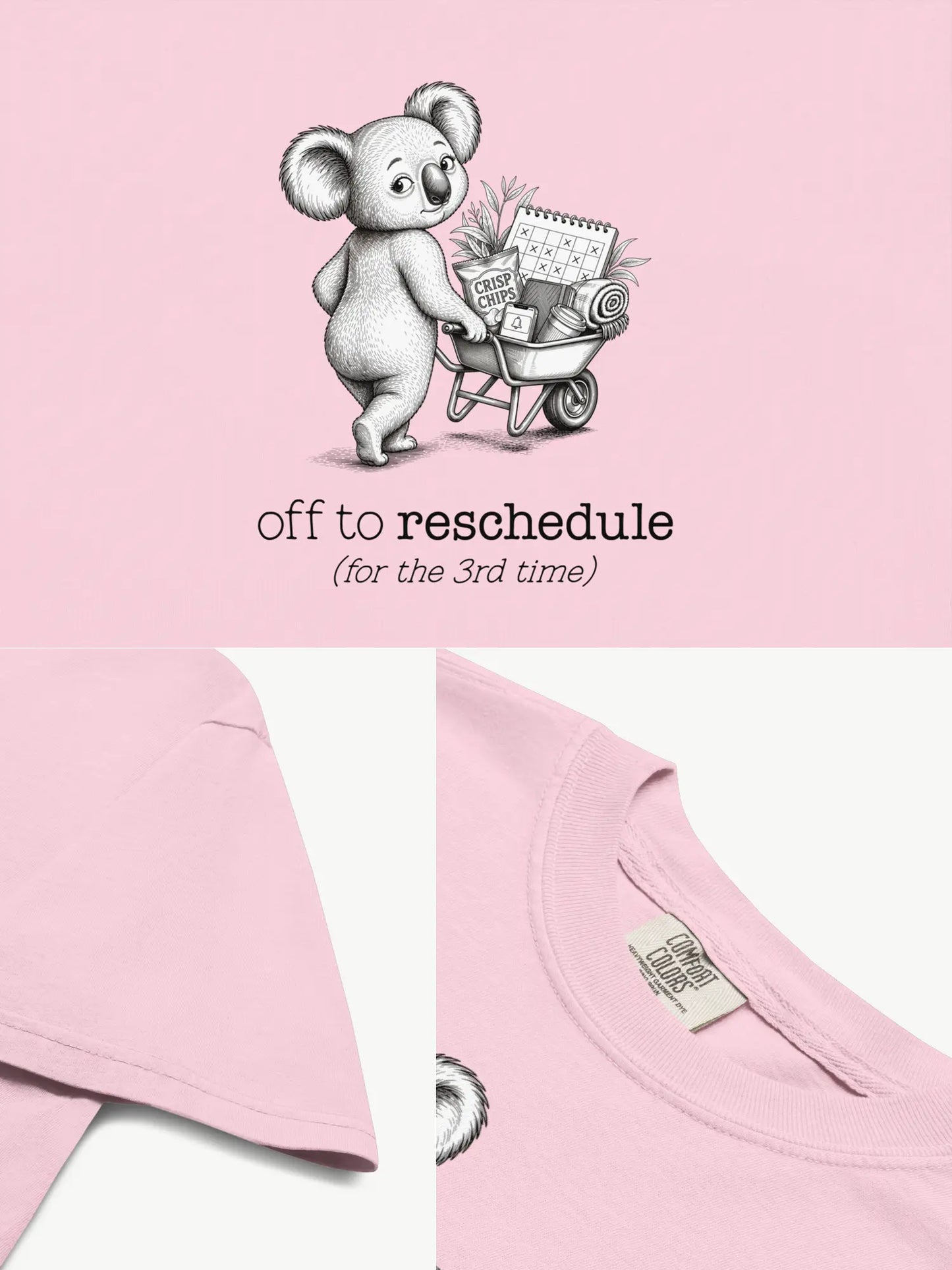 Close-up details of the Off to Reschedule koala t-shirt in blossom showing print texture, folded view, and collar