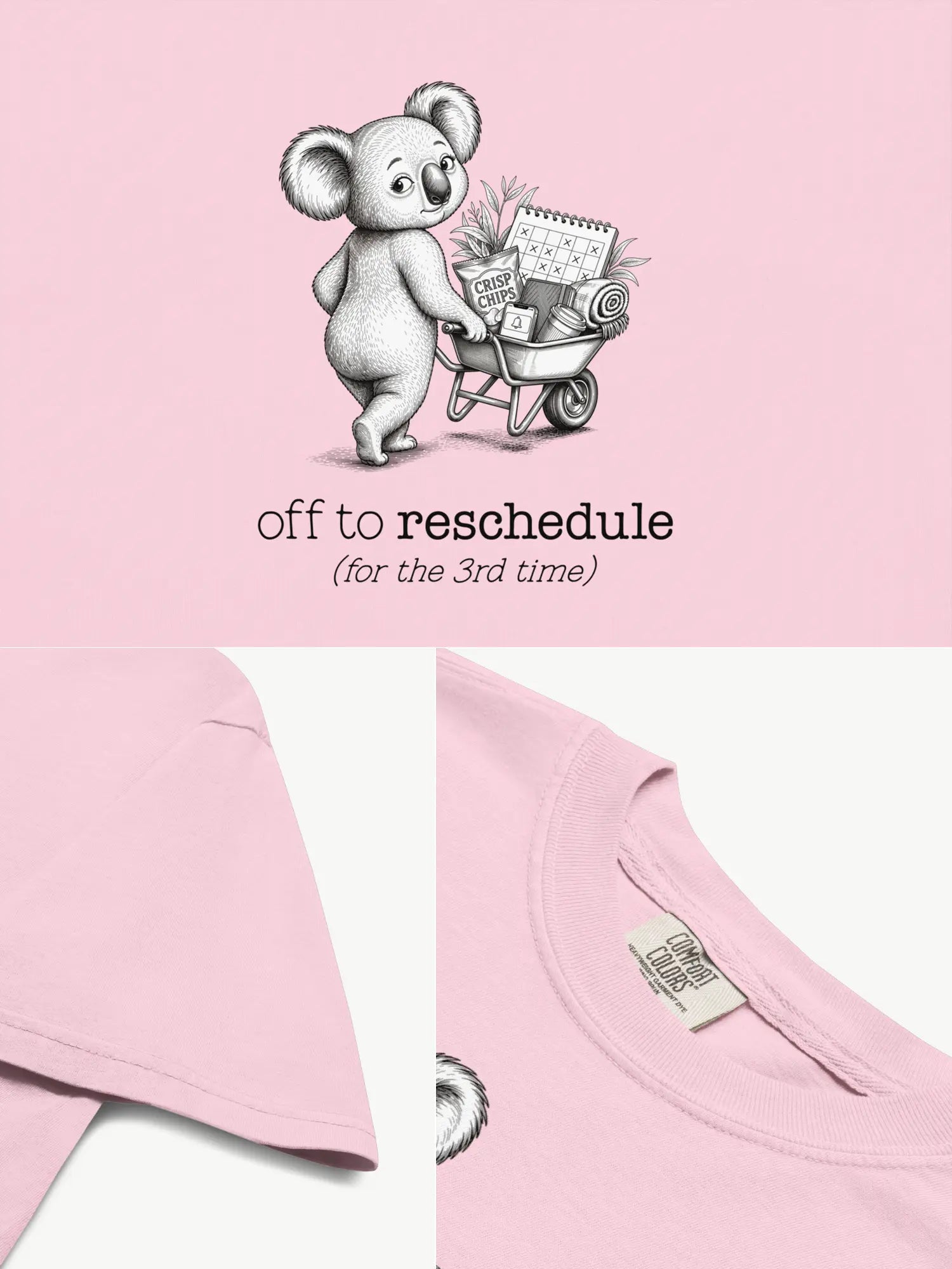 Close-up details of the Off to Reschedule koala t-shirt in blossom showing print texture, folded view, and collar