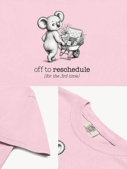 Close-up details of the Off to Reschedule koala t-shirt in blossom showing print texture, folded view, and collar
