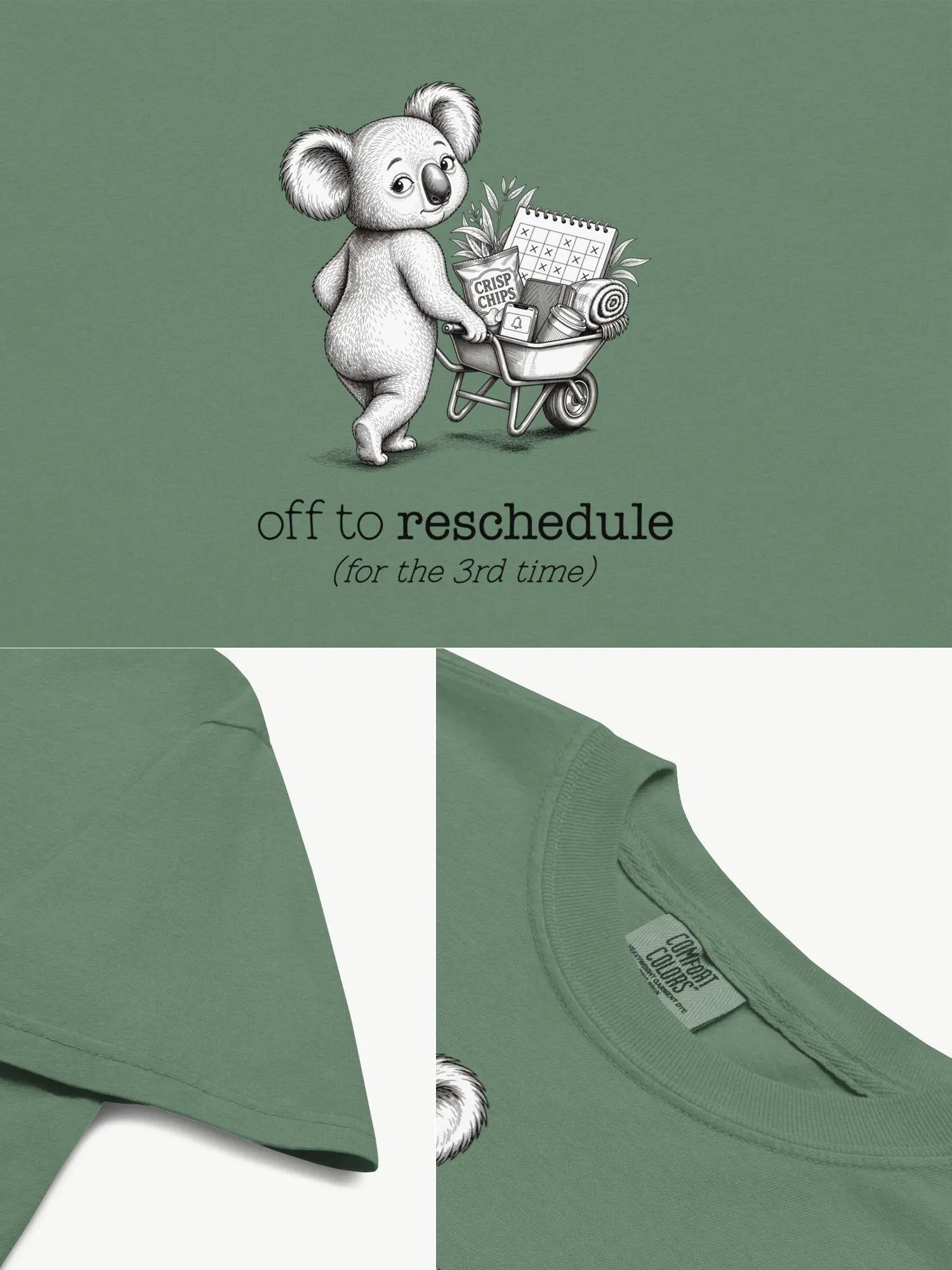 Close-up details of the Off to Reschedule koala t-shirt in light green showing print texture, folded view, and collar